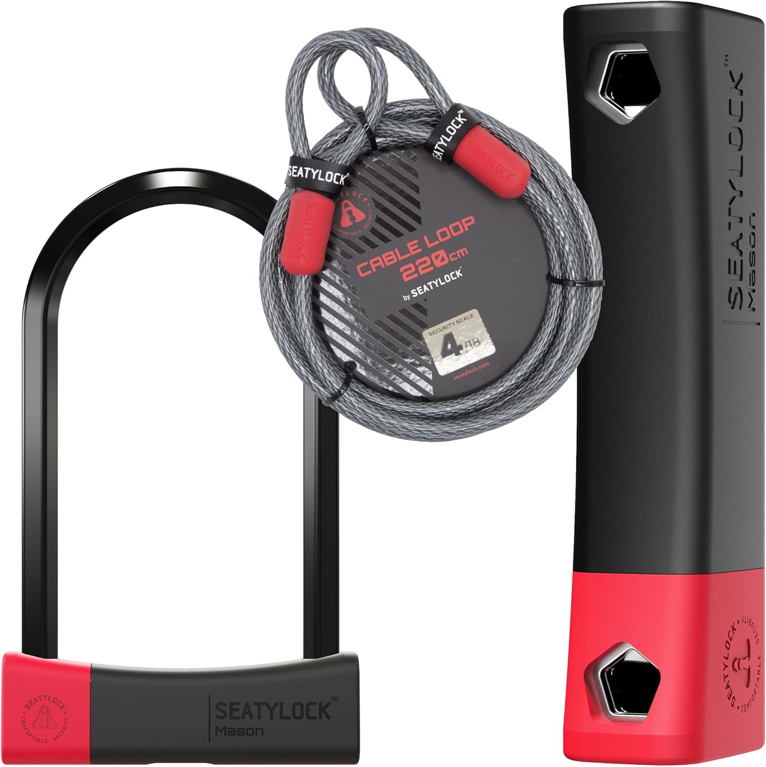 Seatylock Mason Bike U Lock and Locking Cable Kit - Patented Heavy Duty Anti Theft Diamond Secure ULock - Ultra Security Bicycle Safety Tool with Keys for City Electric, Mountain Bikes and Scooters