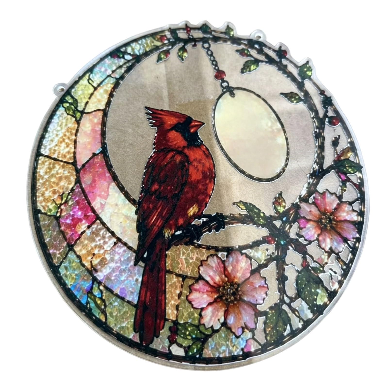 Stained Glass Window Hanging Red Brid Suncatchers 2D Acrylic Window Panel with Rope for Garden Yard Ornament Gift Branch Red Brid Sun Catchers