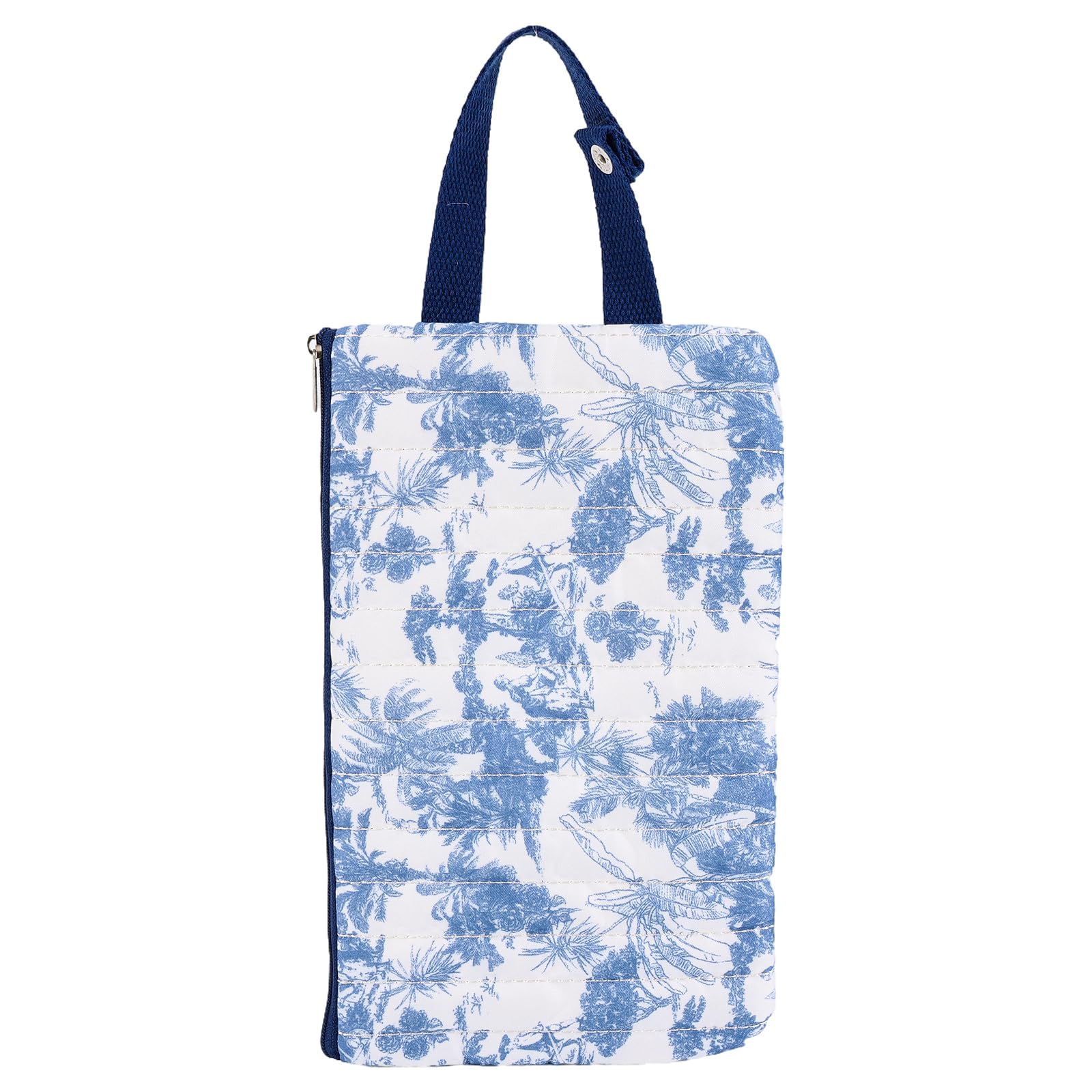 Quilted Baby Wipe Holder, Canvas Floral Quilted Pouch with Hanging Strap, Portable Diaper Wipe Holder for Travel Stroller-Grand Classical Blue - 5