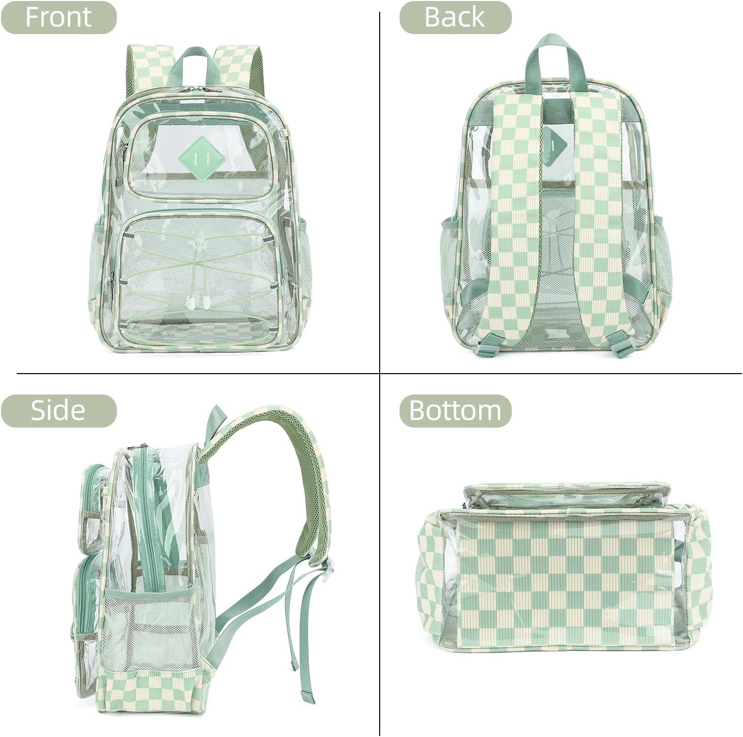 Clear Backpacks for Girls Women, Heavy Duty PVC Transparent Back Pack See Through Boys Kids Clear Bookbags for School Checkered Green