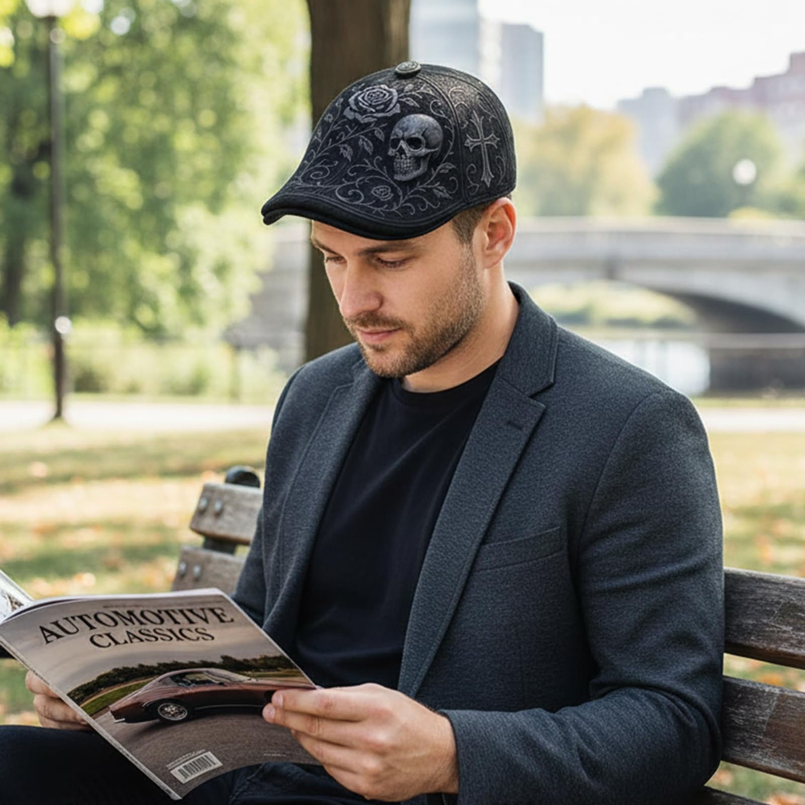 CHANGYUE Casquette Plate crâne et épine, Chapeau rétro réglable Gothique avec crâne, Rose et Croix, Cadeau Mode