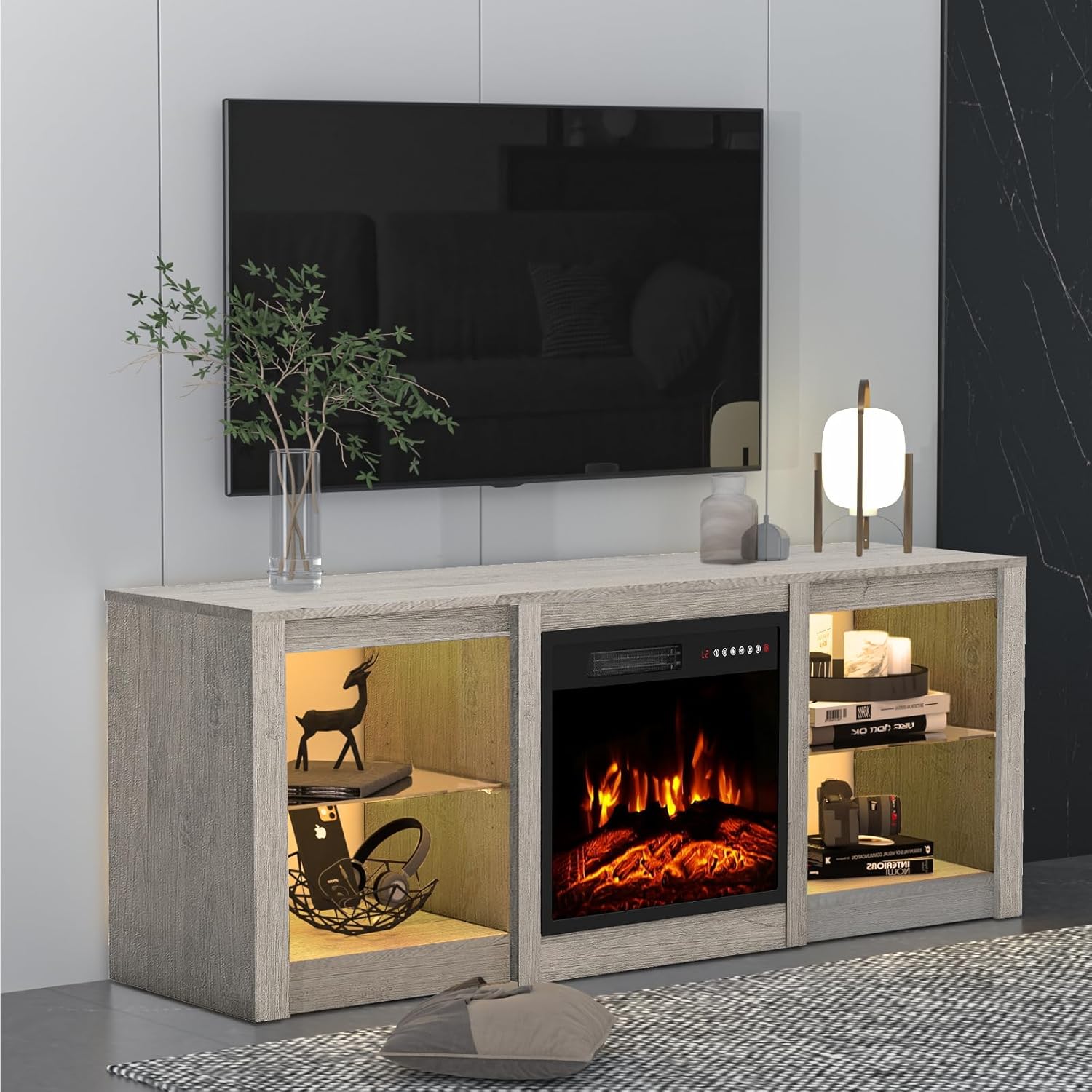 58 inch Fireplace TV Stand for 65 inch TV, LED Light Entertainment Center with 18" Electric Fireplace for Livingroom TV Console with Glass Shelves, Gray