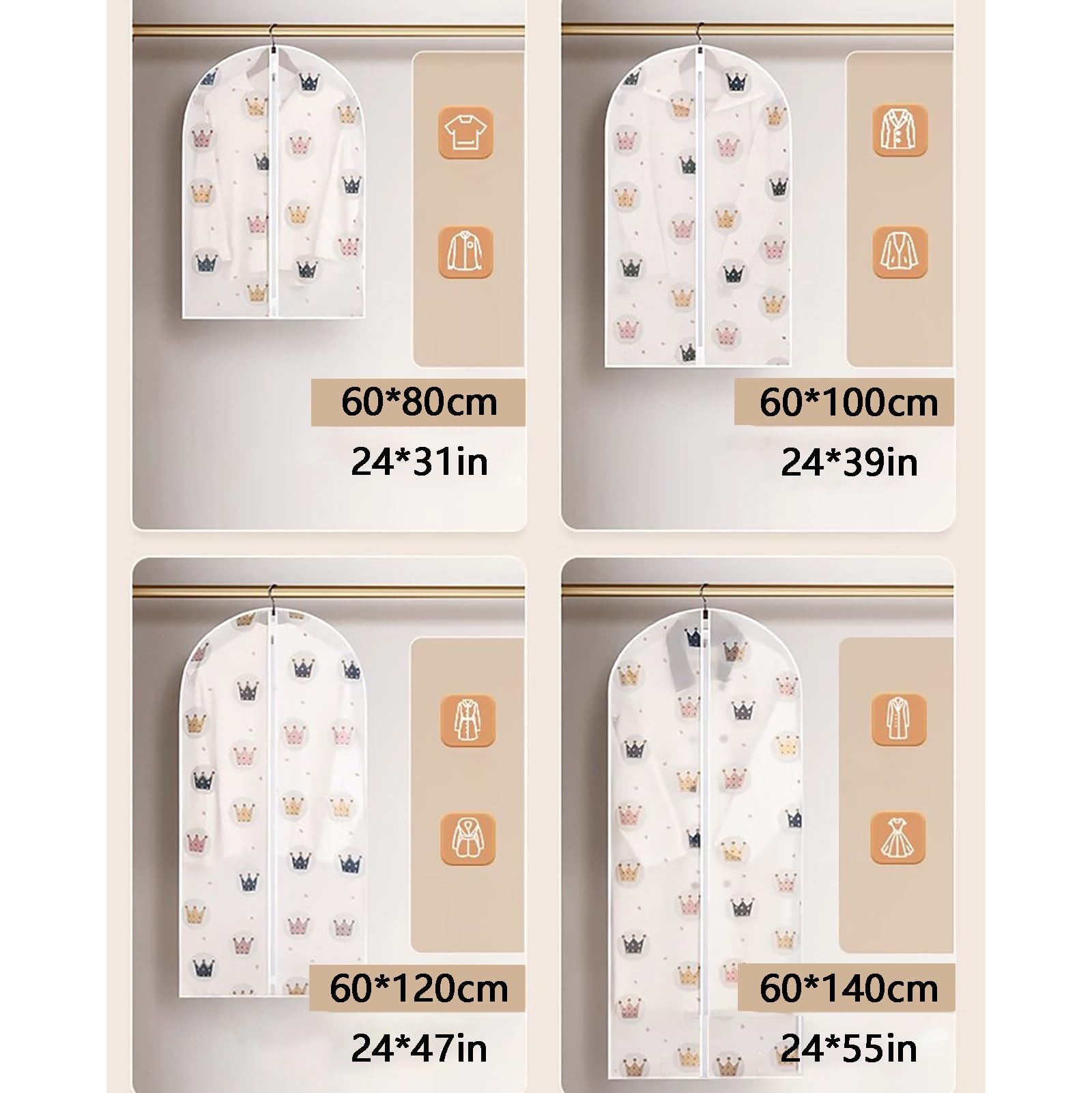Kleidersack, 5er-Pack durchscheinende, faltbare Kleiderhüllen, Kleidersäcke for Aufhängen mit Reißverschluss(60 * 140cm/24 * 55in)