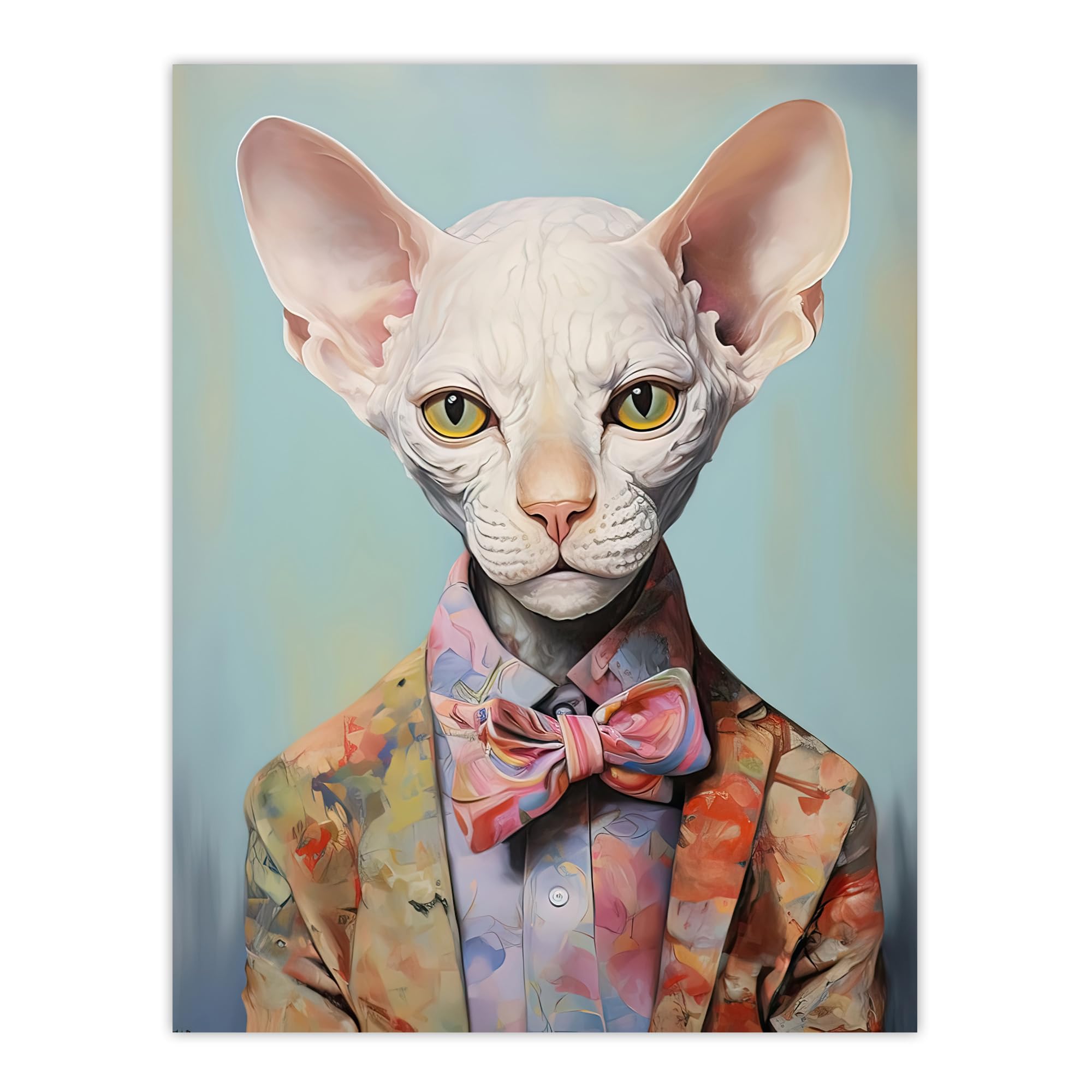 Artery8 Stylish Sphynx Cat Oil Painting Pastel Colour Pet Portrait in Suit and Bow Tie Extra Large XL Wall Art Poster Print