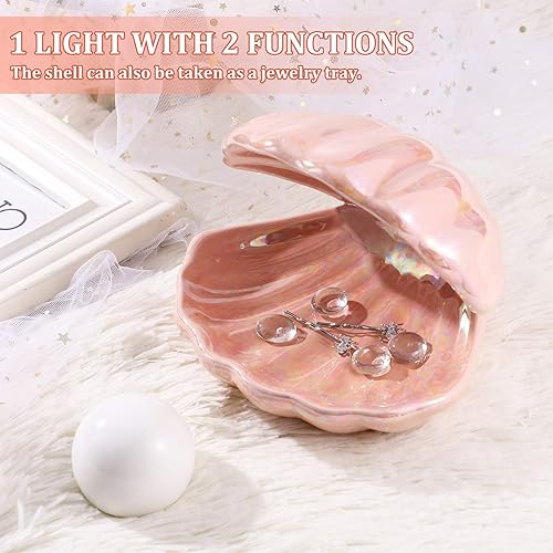 Miniatura 4 de IMIKEYA Shell Pearl Light LED Lámpara de escritorio de cerámica portátil perla en concha luz nocturna para dormitorio decoración del hogar, rosa