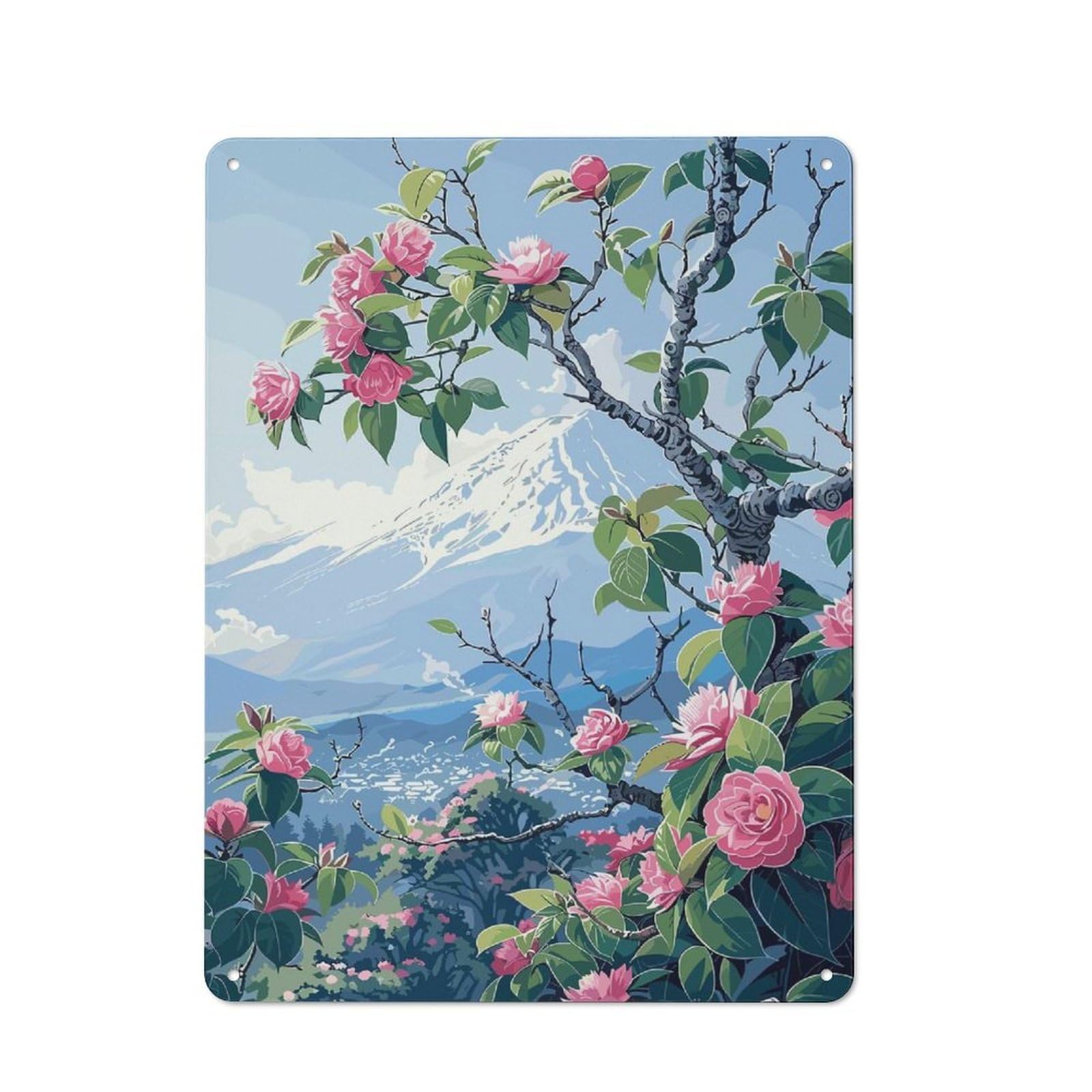 Junmoney Style-21 Mount Fuji With Cherry Blossoms(2) Vintage Metal Wall Decor 40X30cm, Tin Sign For Cafe, Pub, Workshop Or Home Bar, Small Accent For Blank Walls
