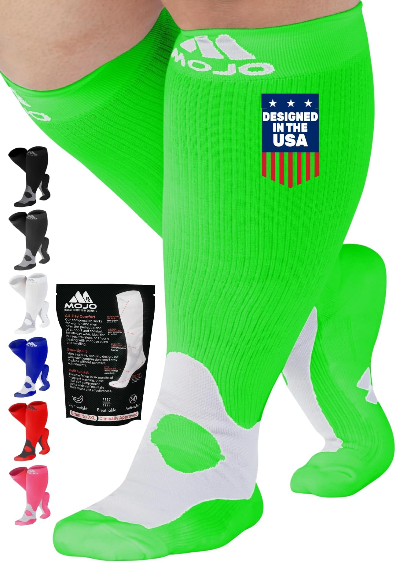 Mojo Compression SocksMojo Compression Socks - Knee High Women 20-30mmhg XL Calf Stockings - Provides Relief for Deep Vein Thrombosis, Venous Insufficiency, and Swelling - Neon Green - 1 Pair, Neon Green, XL