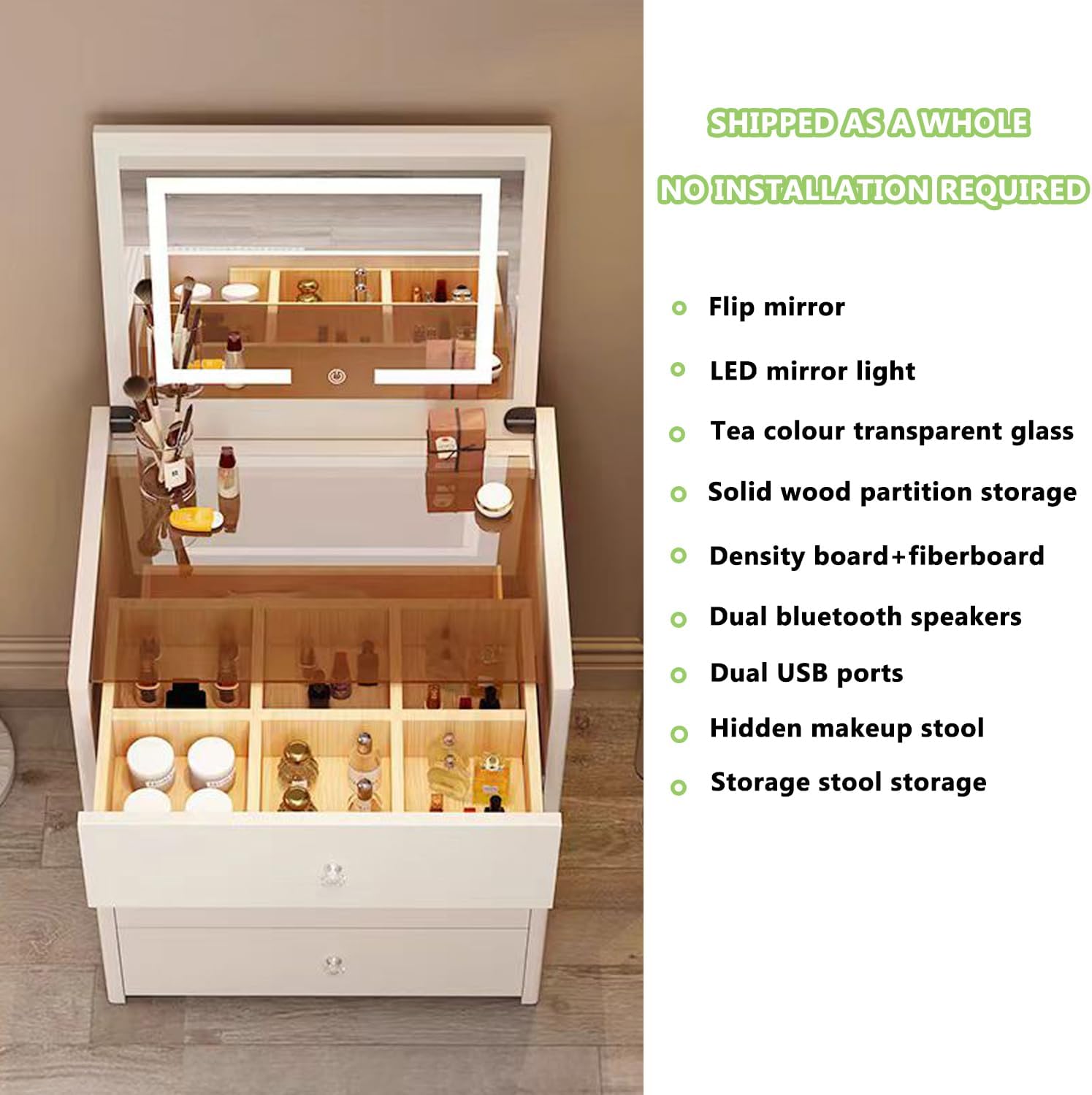 Compact Vanity Desk, 3 in 1 Vanity Desk with Dual Speakers and USB Charging, Corner Makeup Vanity Desk with Lights, Flip Mirror Light, Hidden Soft Stool, No Installation Required (19.7in)