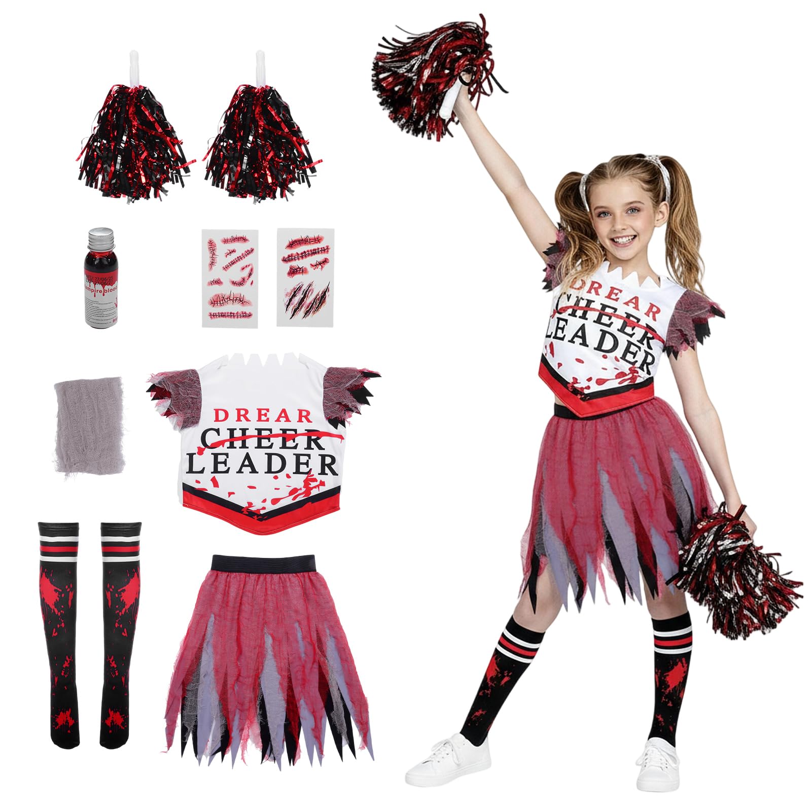 SERTAS Girl Scary Bloody Cheerleader Costume,Zombie CostumeKids,Girls Halloween Costume,Zombie Cheerleader Costumefor Halloween Dress Up Parties,Scary HalloweenCostume (Black