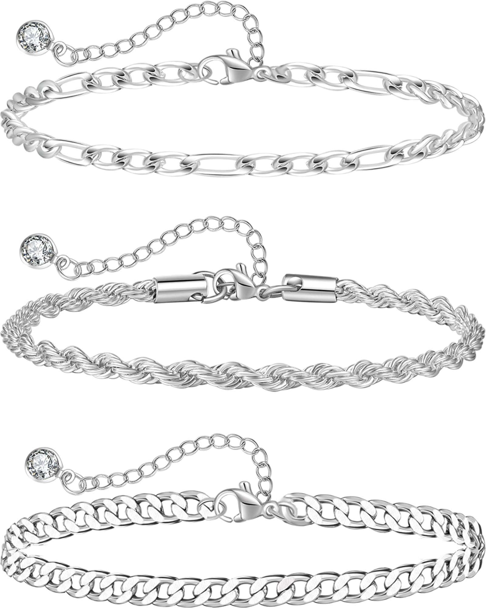 Sterling Silver Ankle Bracelets for Women Strong Lobster Clasp - Cuban Link, Figaro, Rope, Flat Mariner, Snake Herringbone, Satellite, Paperclip - Summer Beach Waterproof Silver Anklet