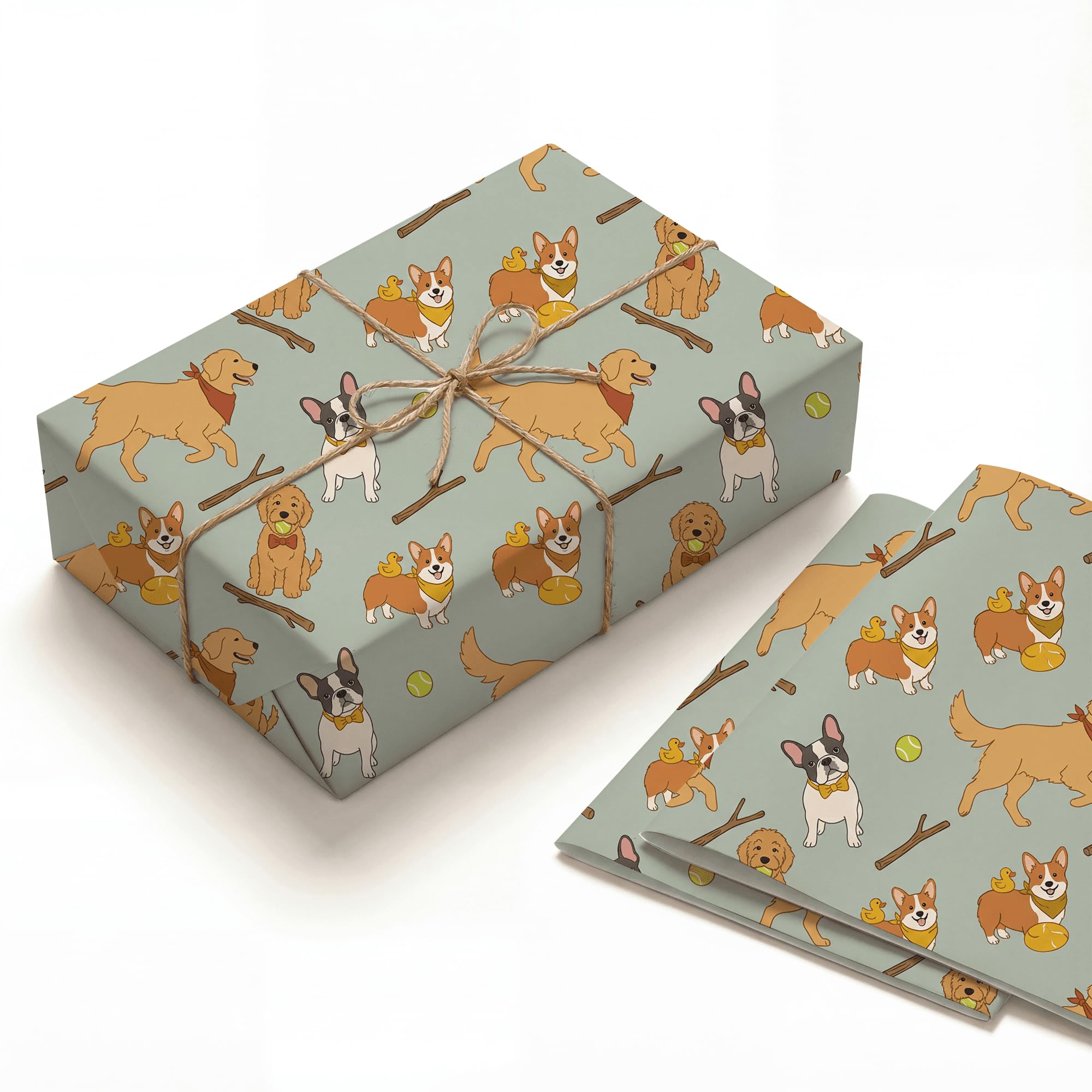 Dog Wrapping Paper - 2 Sheets Cute Animal Gift Wrap with Corgi, Golden Retriever & Frenchie - Sage Green Puppy Wrapping Paper for Kids & Dog Moms โ image 1