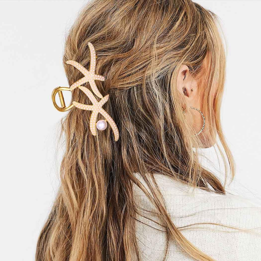 Reaky Starfish Claw Clip Mermaid Hair Clips Rhinestone Hair Claws for Women Beach Hair Accessories, Gold, 1 count (Pack of 2) - Image 3