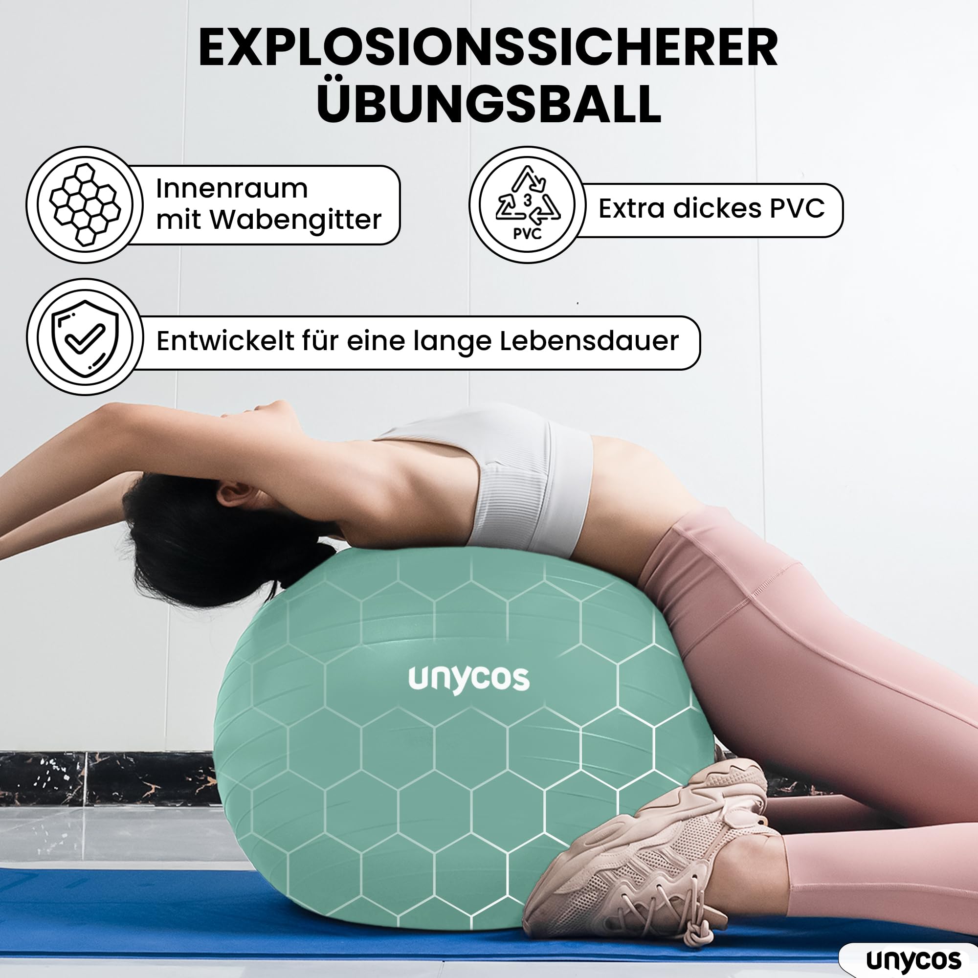 unycos - Gymnastikball 55/65/75 cm Sitzball Trainingsball für Yoga, Fitness, Medizinball, Balance Ball, Core Training Strength, Pilates-Ball | Inkl. Pumpe, BPA-Frei, Anti-Burst