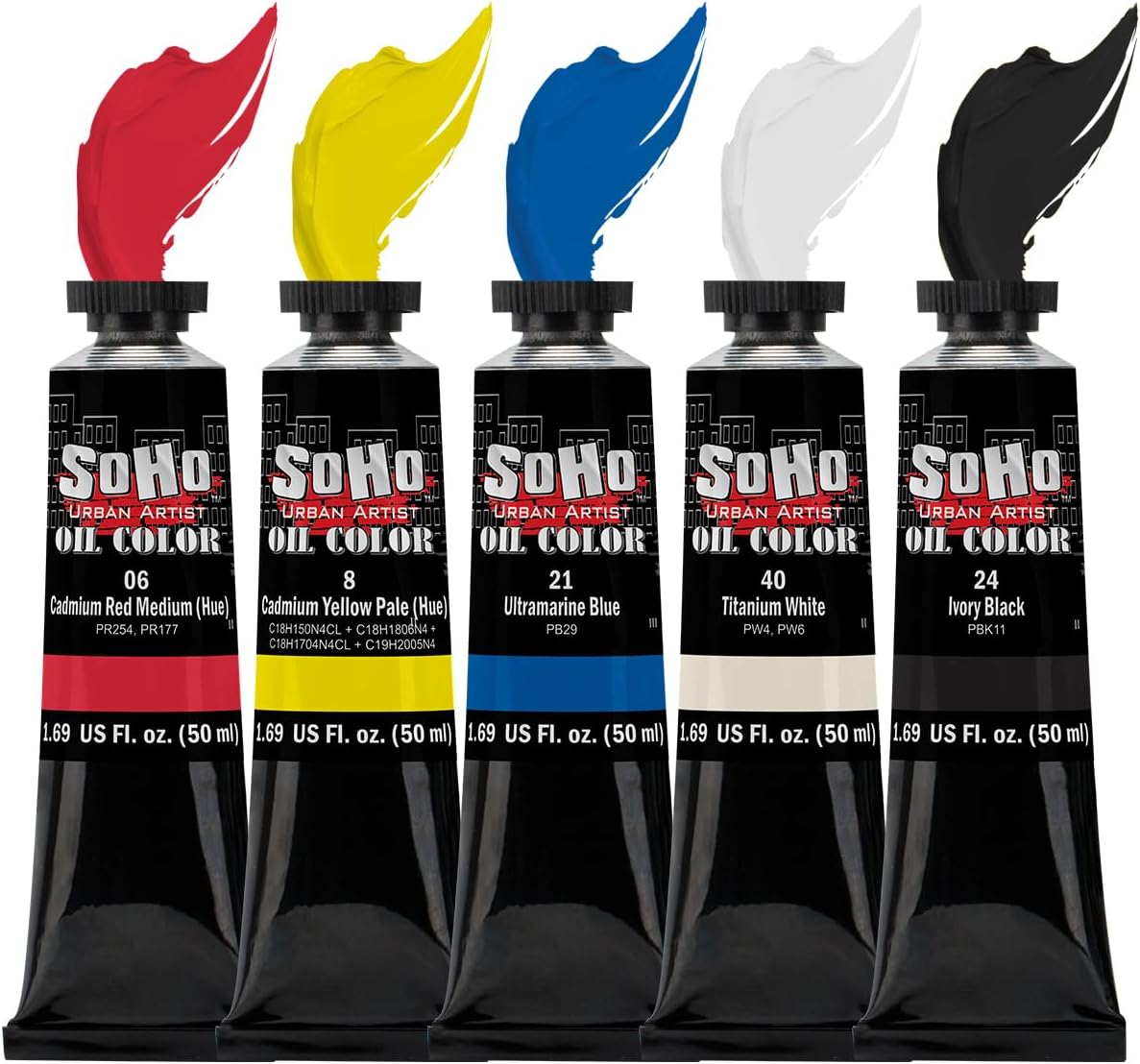 Soho Urban Artist Oil Paint Basic Set of 5-50 mL Tubes, Triple-Milled Oils with Refined Linseed - Smooth Application, True Color Mixes, Ideal for Brushes & Palette Knives