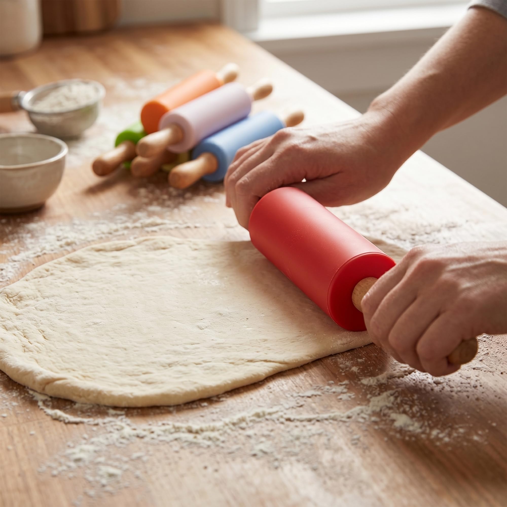 CHUIFAI 8 Stück Mini Nudelholz Silikon, 23 m Silikon Teigroller mit Holzgriff, Bunte Teigroller Set in 8 Farben, Klein Nudelholz für Pizza, Gebäck, Teig Küche, Haushalt & Wohnen