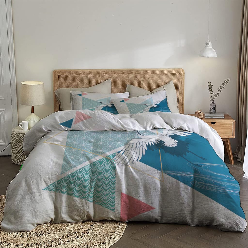 NIBAINLO 布団カバークレーンオンジオメトリ背景 肌に優しい ピーチスキン加工 掛け布団カバー 和式 洋式 あったか 布団カバーセット リバーシブル ホームステイ ホテル 家庭兼用