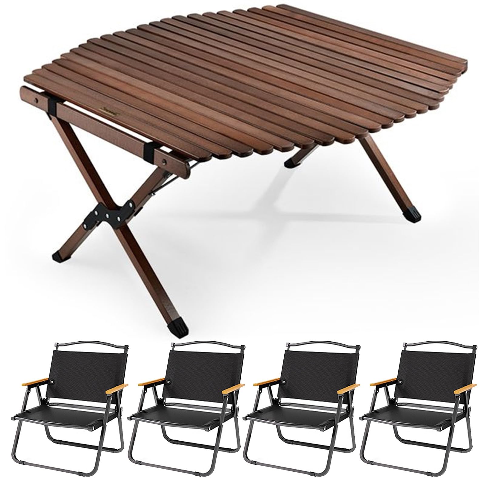 Table pliante portable d'extérieur haut de gamme avec ses 4 chaises élégantes en noyer