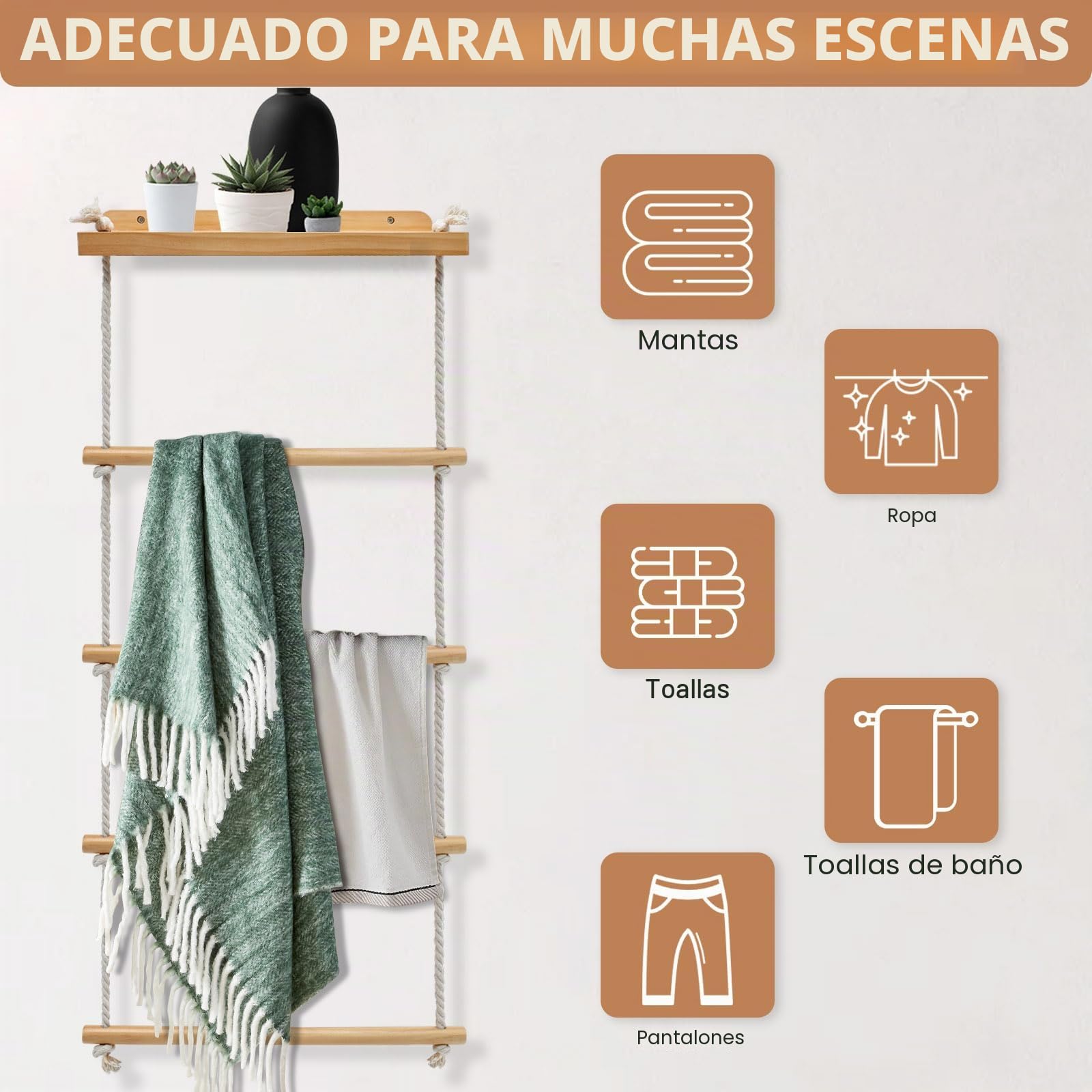5 Niveles Toallero de Madera, Toalleros Pared de Baño, Toallero Escalera para Toallas de Baño, Ropa o Periódicos, Accesorios Baño, Decoracion Habitacion, Colgador Toalla Baño para Dormitorio
