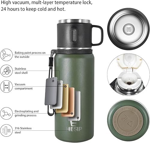 Miniatura 4 de Botella aislada de acero inoxidable, 20 onzas con taza, botella de agua aislada al vacío, termo para bebidas calientesbebidas frías, viaje con