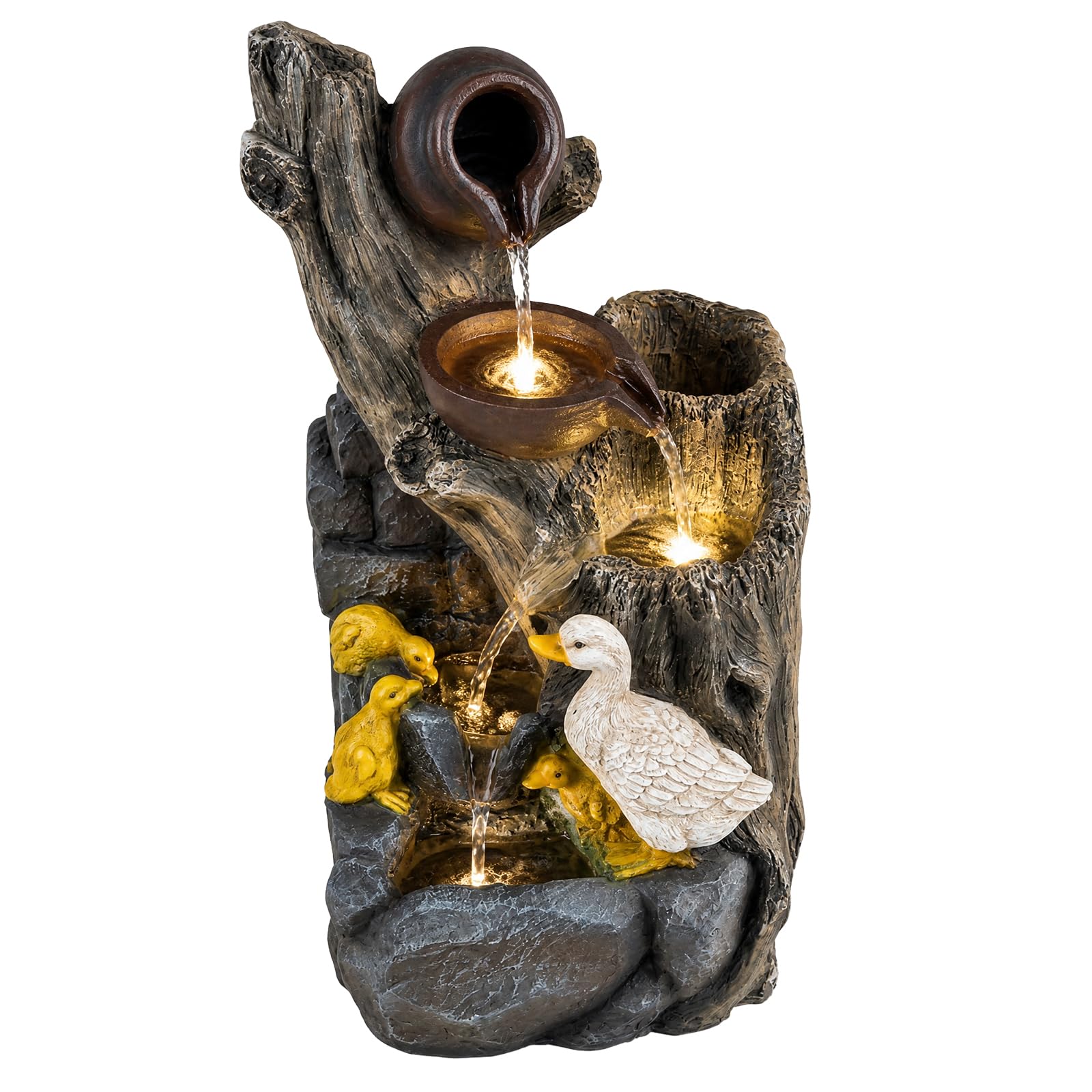 GYMAX Fuente de Jardín de 4 Niveles, Fuente Decorativa con Motivo de Patos | Fuente con Luz LED y Bomba,Cascada para Jardín, Terraza y Interior, 30 x 27 x 57 cm