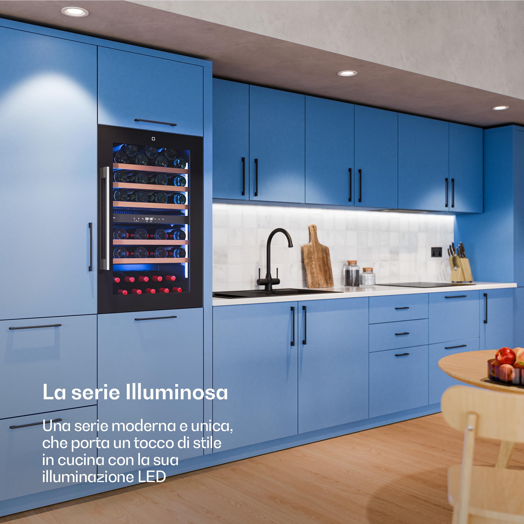 KLARSTEIN Illuminosa Cantinetta Vino da Incasso - 57 Bottiglie, Doppia Zona, 5-22°C, Touch, LED, Ripiani Legno, Porta UV, Silenziosa, Cantina Frigo per Vino