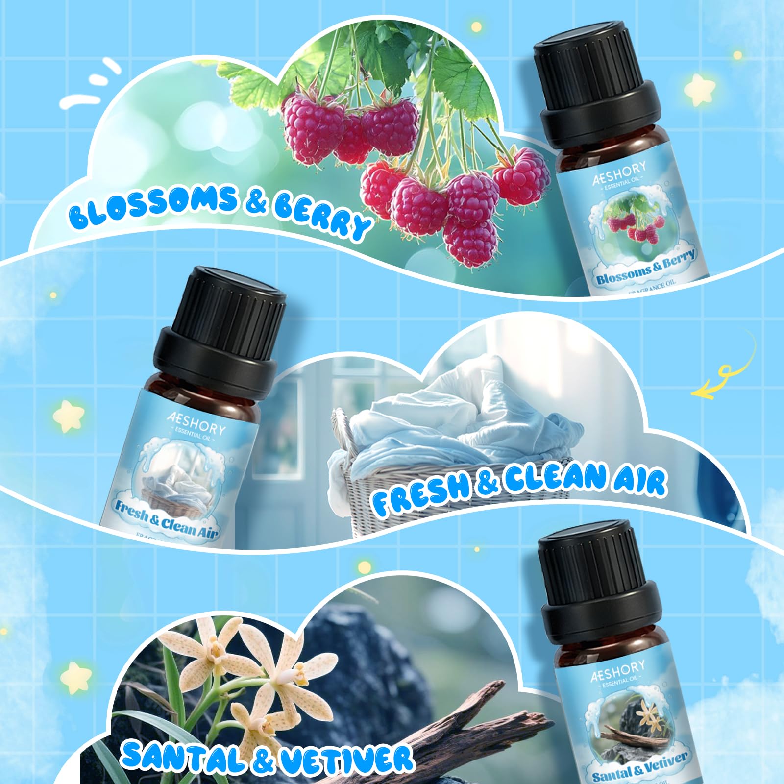 Aeshory 6 x 10ml Zestaw Olejków Eterycznych Do Prania, Naturalny Olejek Zapachowy Do Dyfuzora, Produkcja Mydła – Świeże & Czyste Powietrze, Kwietniowa Czystość, Fantastyczne Kwiaty, Santal & Wetyweria