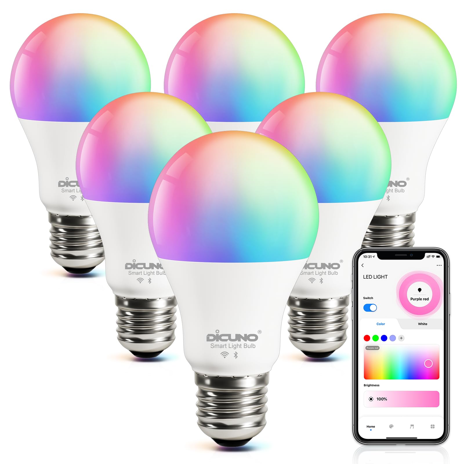 【Amazon Alexa認定】DiCUNO スマート電球 E26 LED電球 60W相当 9W 800lm 調光調色 Alexa Google 対応 電球色・昼白色 マルチカラー 1600 Amazon | 【Amazon Alexa認定】DiCUNO スマート電球 E26 LED電球 60W