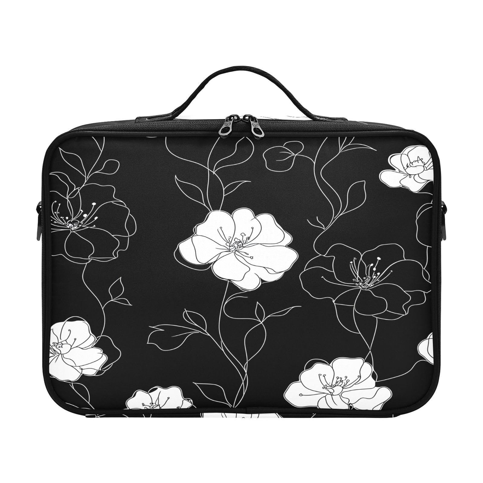 zyrtty Travel Makeup Train Case Flower White Black Leaves Pattern Cosmetic Organizer Portable Storage Bag with Adjustable Dividers for Cosmetics Brushes Toiletry Jewelry Digital Accessories