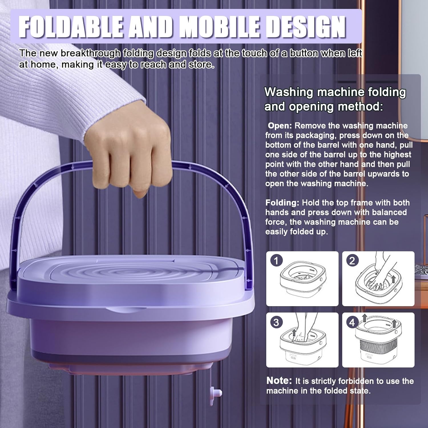 Mini lavatrice, 8 l, portatile, pieghevole, 3 modalità, mini lavatrice da viaggio, lavatrice automatica da campeggio, per vestiti del bambino, biancheria intima o piccoli oggetti, viola           [Classe di efficienza energetica A]