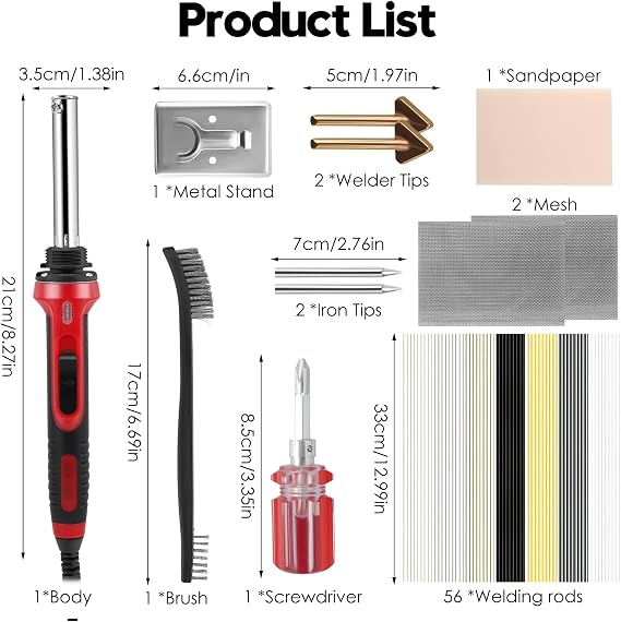 100W Plastic Welding Kit Soldering Iron Kit, 3-Speed Adjustment Temperature Plastic Welder with 56pcs Rods, 4 Soldering Tips, Professional Surface Repair Tool for Car Bumper, Dashboard, Kayak
