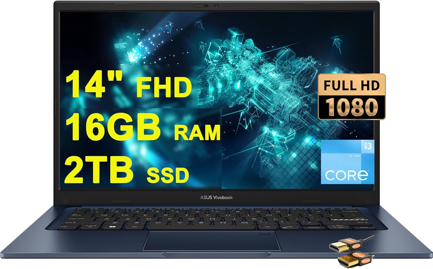 ASUS VivoBook 14 Business Laptop 14" FHD Anti-Glare Intel Hexa-core i3-1215U (Beats i7-1165G7) 16GB DDR4 2TB SSD Type-C Privacy Webcam SonicMaster Win11 Blue + HDMI Cable