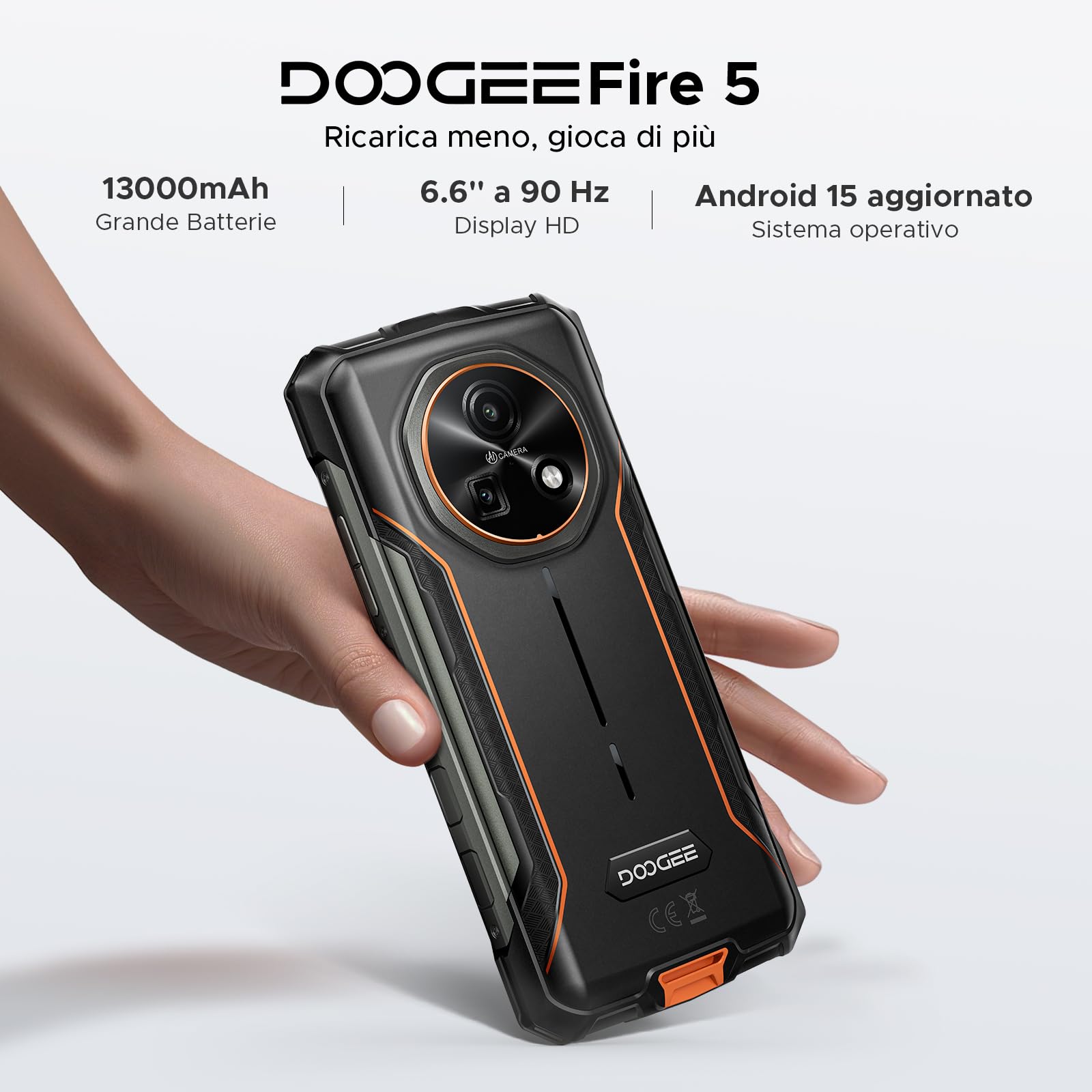 DOOGEE Fire 5 Rugged Smartphone 2025, 13000mAh Android 15 Telefono Indistruttibile, 6.6" 90Hz 12GB+64GB/2TB Octa Core Celluare Antiurto, 13MP+8MP Camera,Face ID/NFC/Triple Card Slot/OTG/GPS/IP68/IP69K
