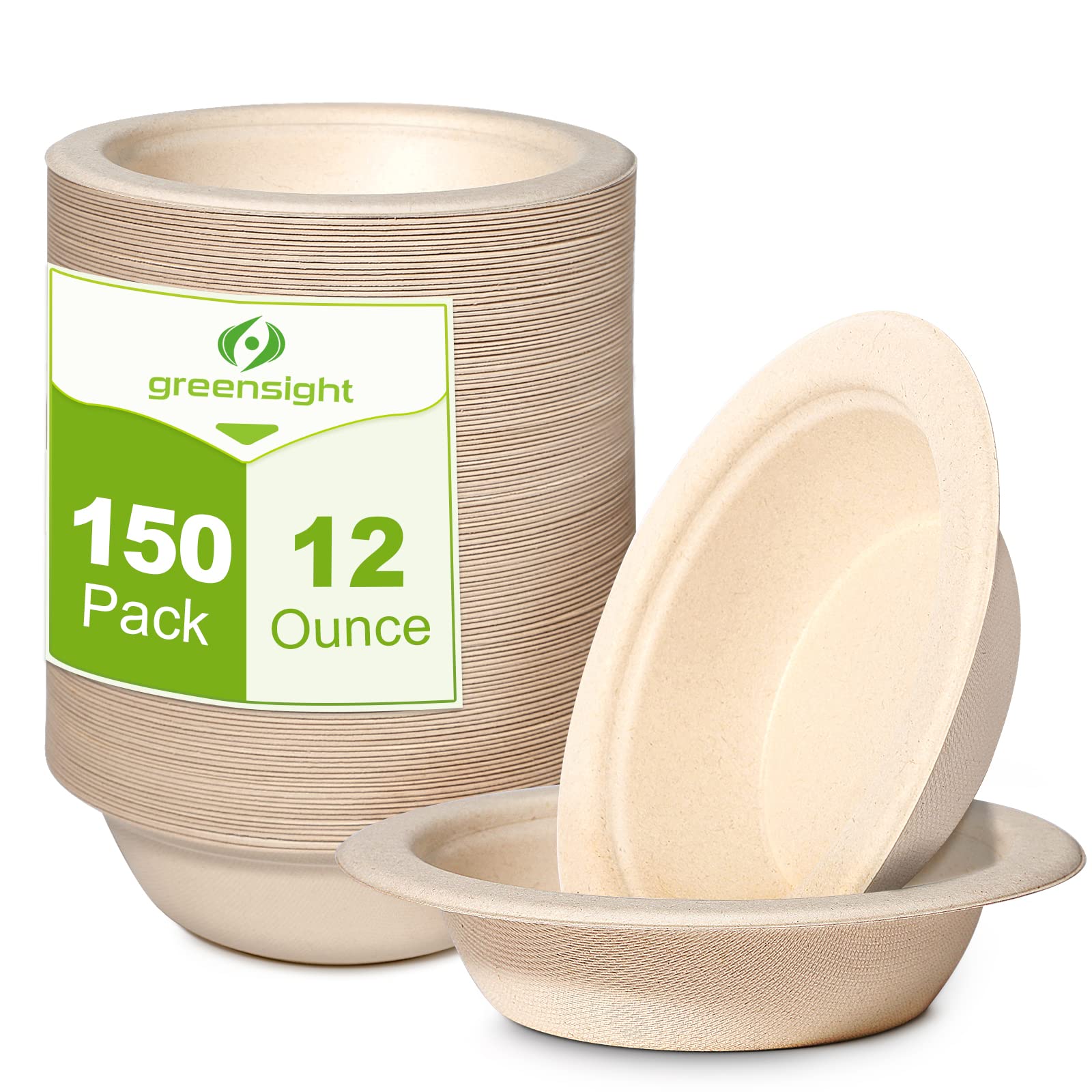 greensight 12oz Eco-friendly Compostable Bowls, 150 Pack - Heavy Duty Sugarcane Bowls for Salad, Ice Cream, Soup