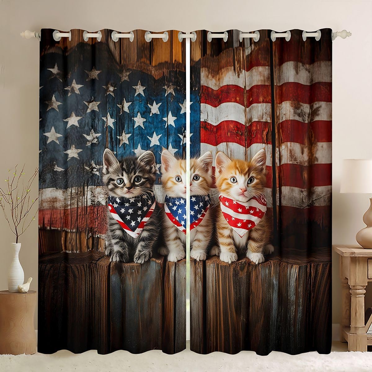 Castle Fairy Cute Cat Pirate Window Curtains American Flag Boys Girls Room Decor Windows Drapes Independence Day Style Grommet Top 2 Panel Set Bedroom Curtains 42x63 Inch Black