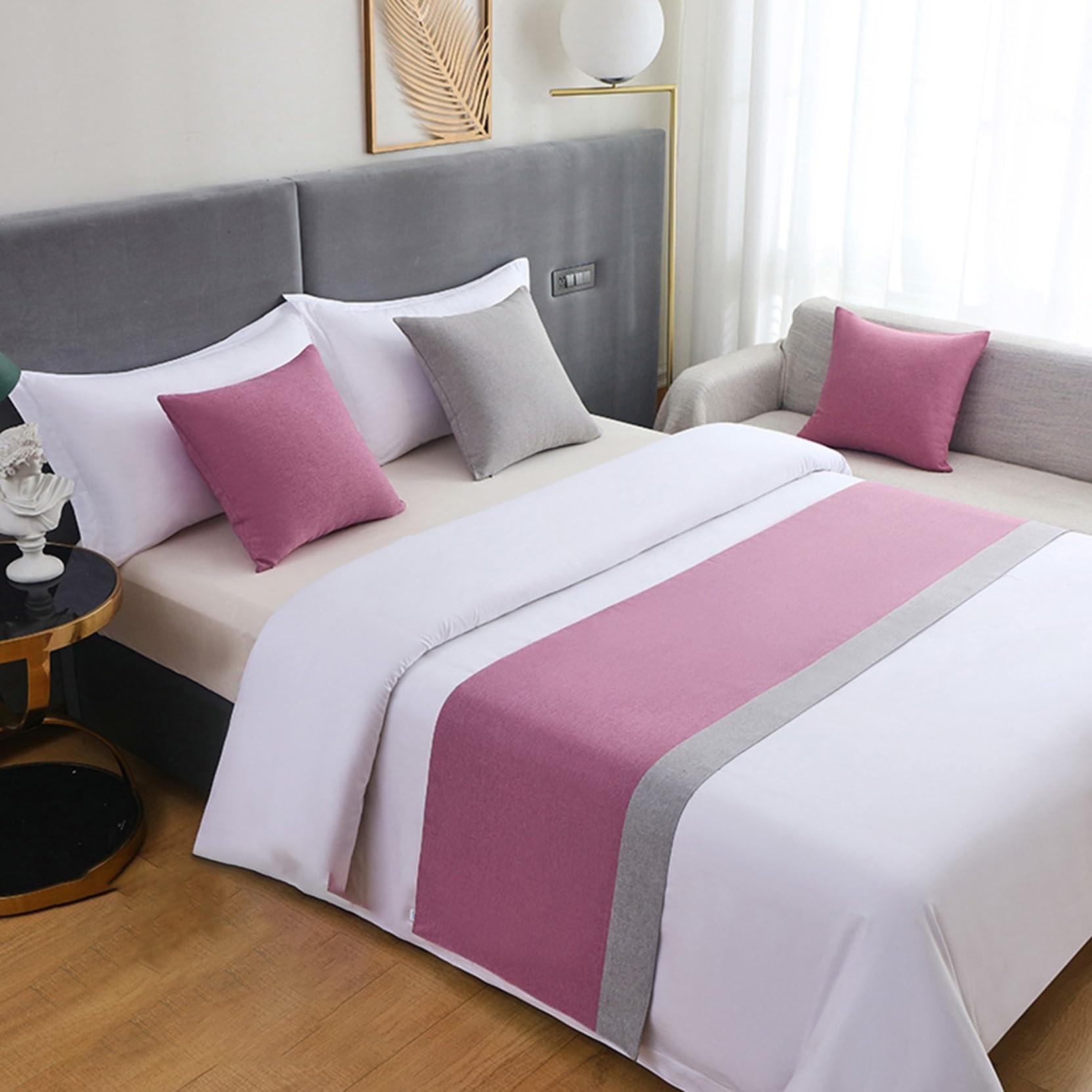 HLASMSPE Cotton Linen Bed Runner Throw, Bedspread Decor Bed Scarf Modern Bedding Cover Protection for Hotel Wedding, Pink Grey, 50x240cm bed runner for 1.8m bed