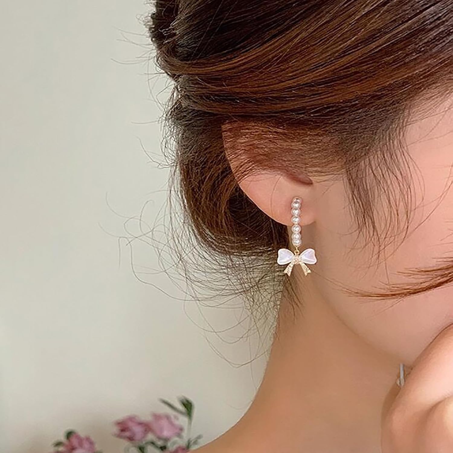 Pearl Bow Earrings for Women White Pearl Beaded Bow Hoop Earrings Rhinestone Bowknot Earring Trendy Christmas Jewelry Gifts - Image 4