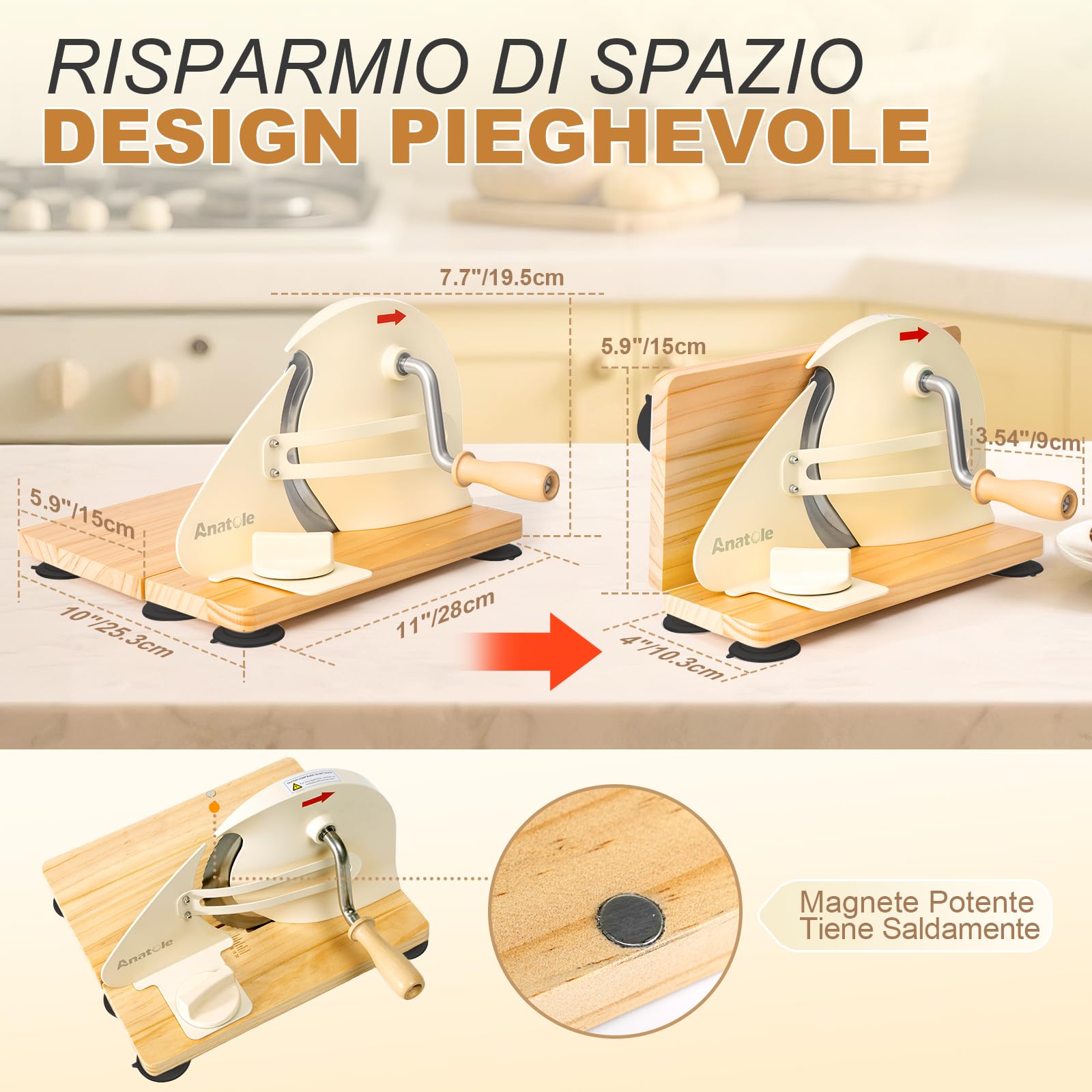 Anatole Affettatrice per Pane Manuale Pieghevole Acciaio Inox 0-20mm | Taglia Pane a Fette Professionale Piccola, 6 Ventose, Base&Manovella in Legno, Guida Metallica Rimovibile, per Toast Baguette