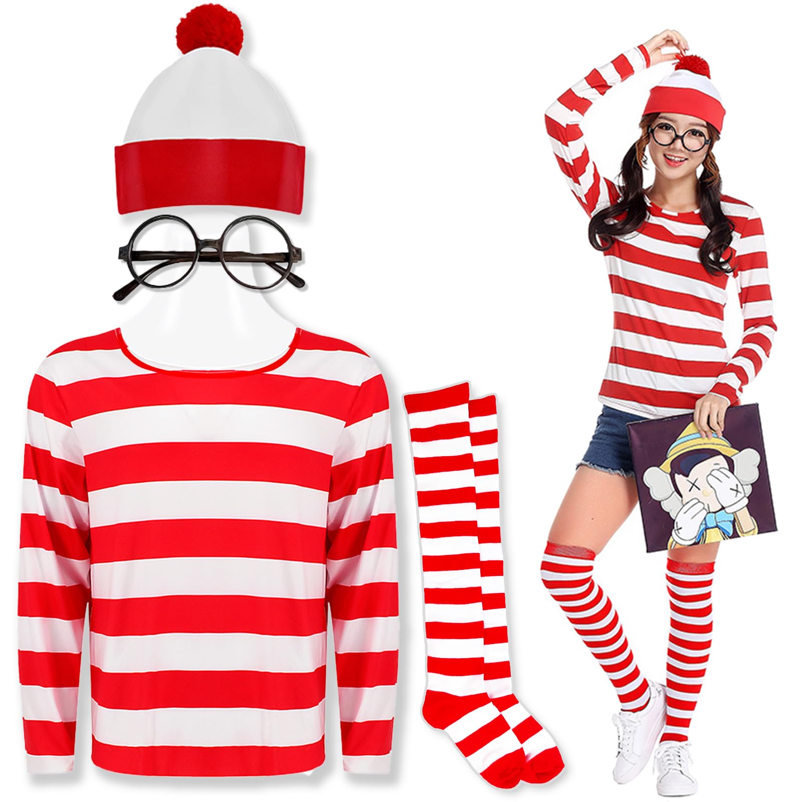 Feeziloe Women Where's Wally Kit, Top Hat Glasses Socks Costume Set, Red  and White Top Fresher Costume World Book Day Fancy Dress, Halloween, School  Dress up Day(L) - BigaMart