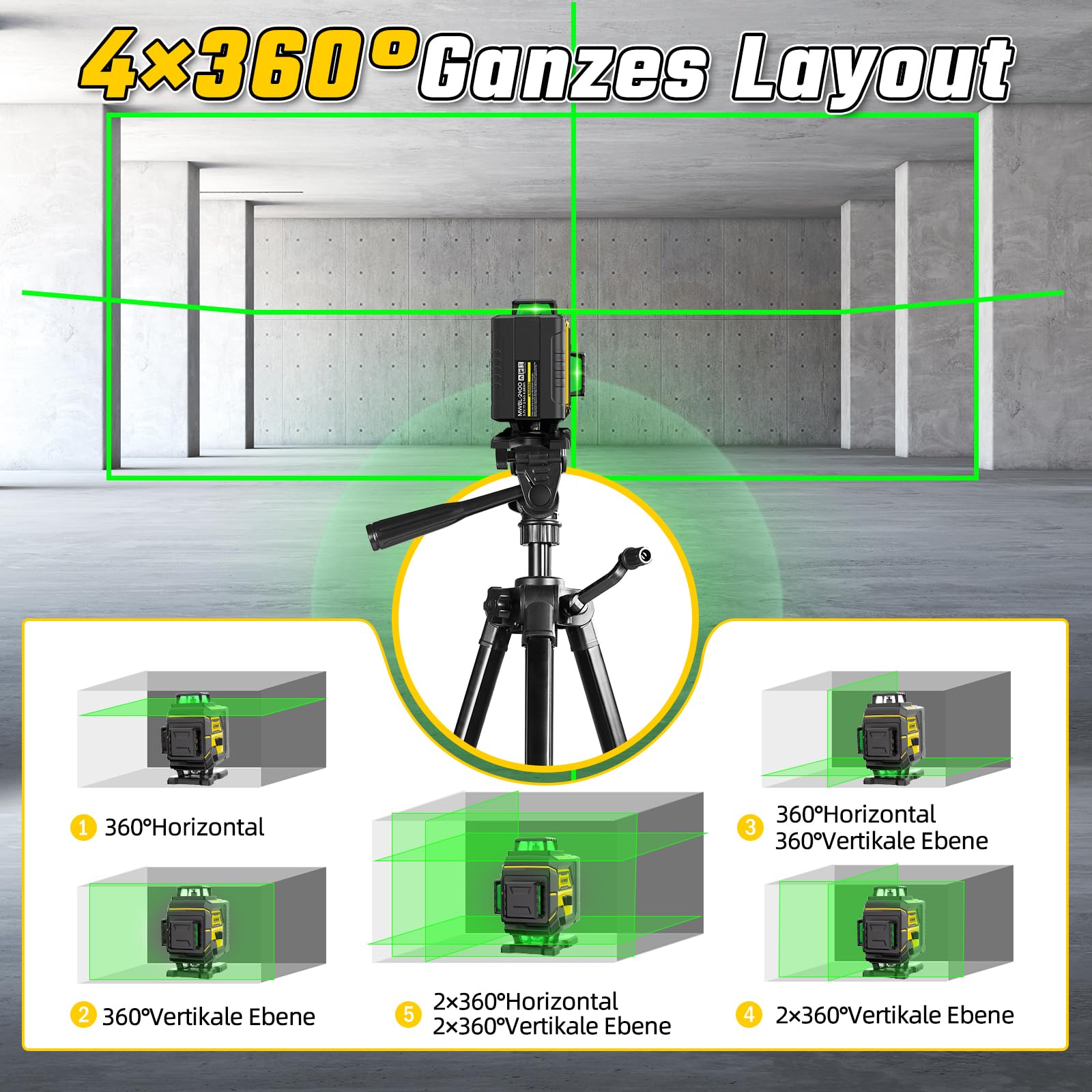 Kreuzlinienlaser mit Stativ, 4D 16 Linienlaser Grün Kreuzlaser 4x360° Laser Wasserwaage Kreuzlaser Selbstnivellierend für Innenbereich Baustelle Mit 1.27M Stativ, 4800mAh Batterien, Fernbedienung