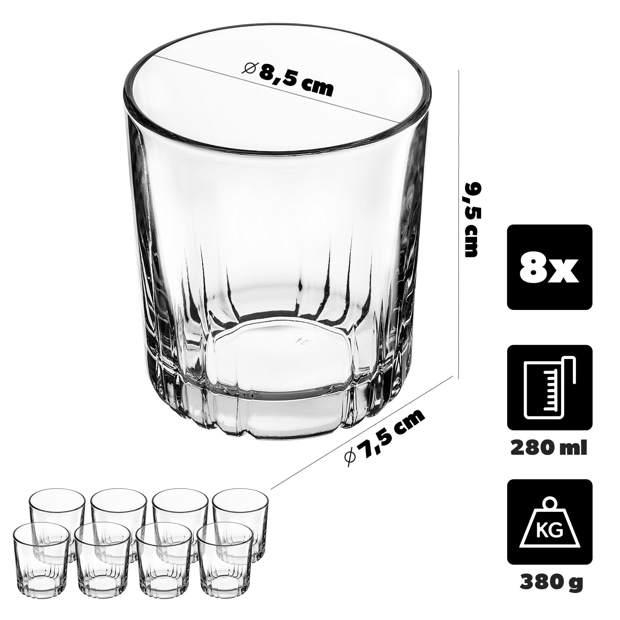 KADAX Vasos de whisky de 280 ml, juego de 8 vasos para zumo, agua, whisky, bourbon, whisky y cócteles, elegantes vasos con fondo pesado, vasos de agua de cristal