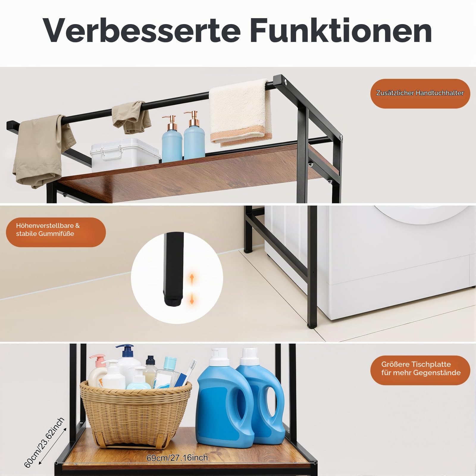 Waschmaschinenregal,Waschmaschinenschrank Waschmaschinenregal überbau mit 3 Ablagen, WC-Regal, stehendes Regal über Toilette,Metall Holzwerkstoff, B69 x H176 x T65 cm (Schwarz+Eiche)