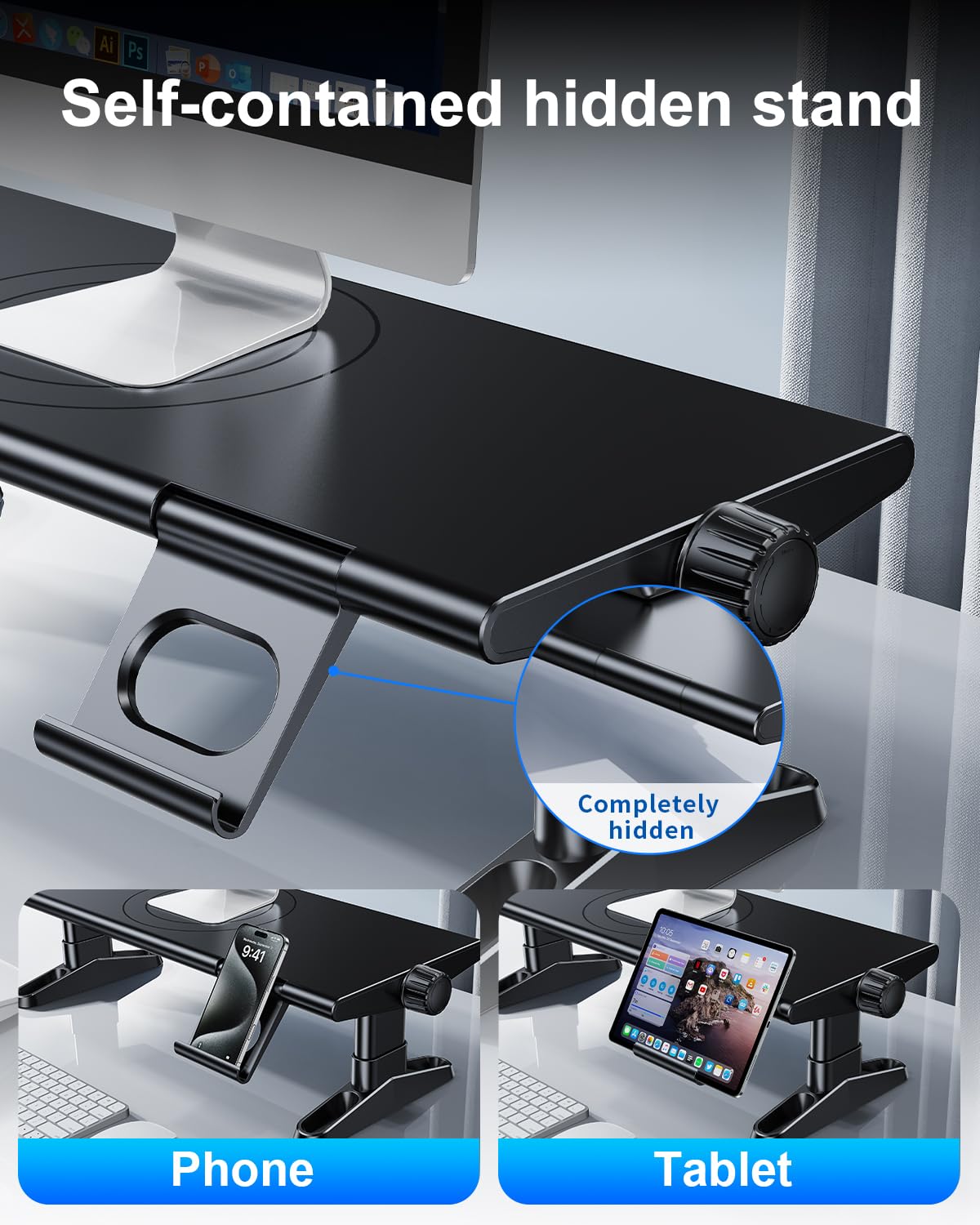 Support de moniteur d'ordinateur pour bureau avec chargement par concentrateur USB, station d'accueil USB C 30 W/5 Gbit/s avec alimentation, 11,2 à 14,4 cm réglable en hauteur avec support de
