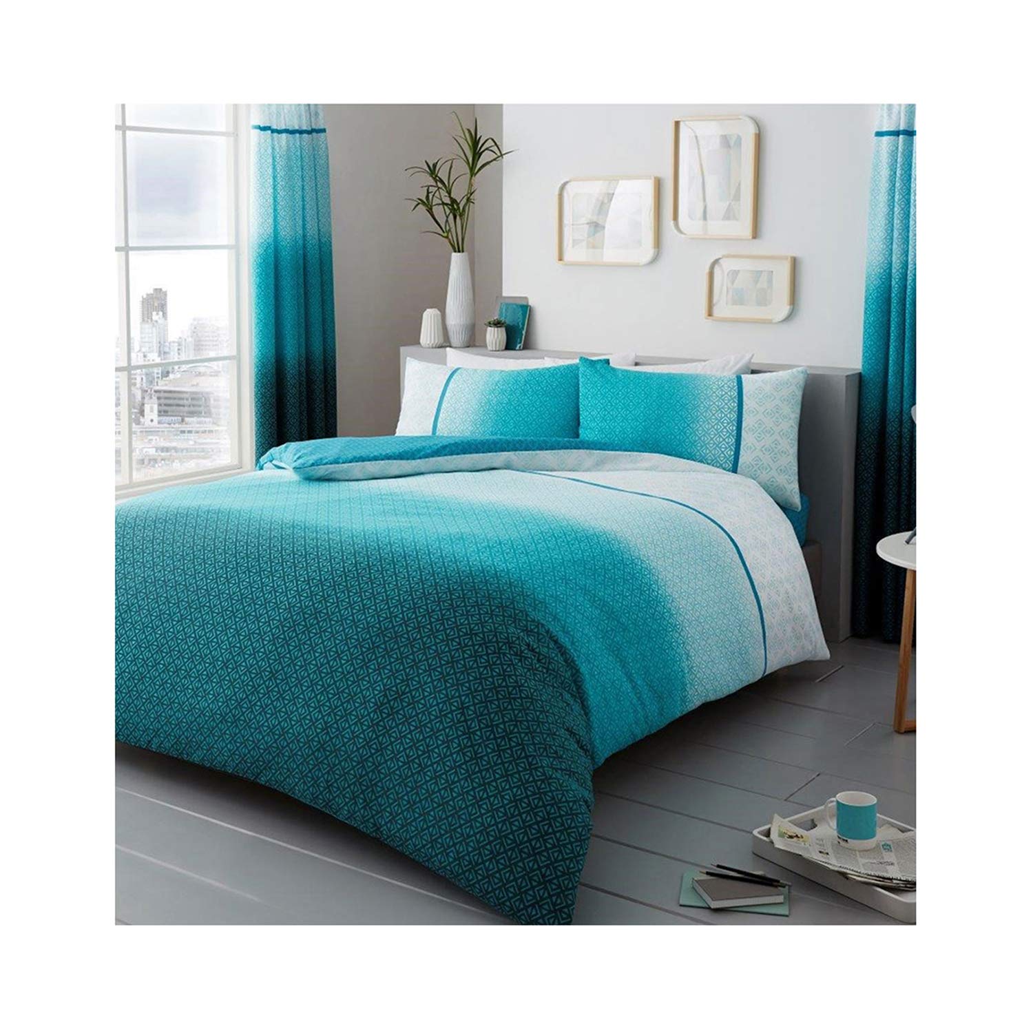 Lions Modern Urban Ombre Duvet Cover with Pillowcase, Poly Cotton Bedding Set, Easy Care Soft Quilt Covers, Machine Washable, Teal, Double Bed, 200x200cm