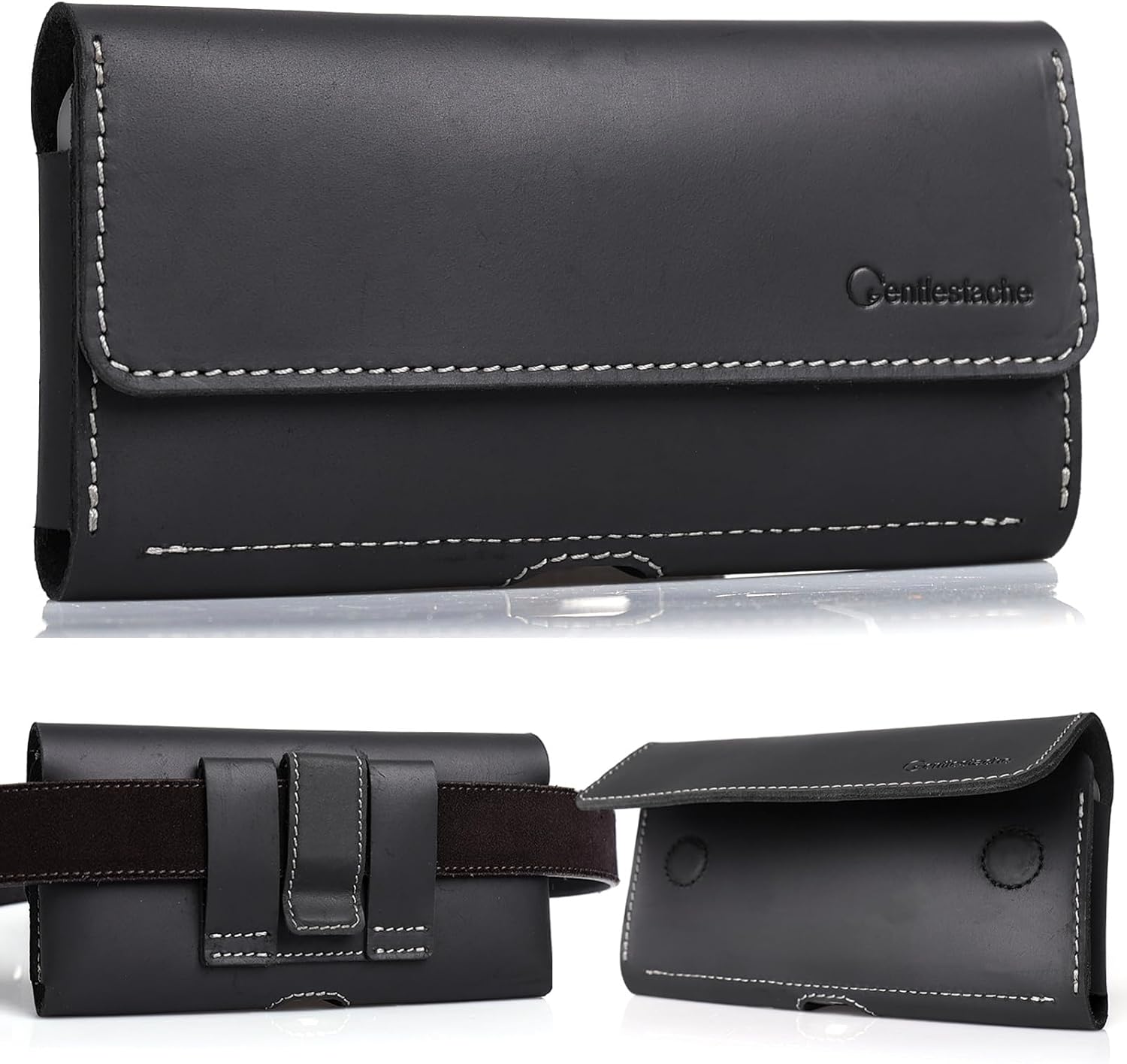 Gentlestache Leather Phone Holster for iPhone 16 Pro Max & Galaxy S24 Ultra - Two Pocket Phone Pouch with Thick Case, Black