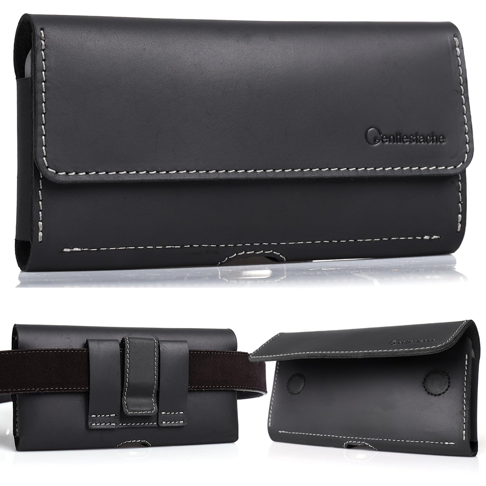Gentlestache Leather Phone Holster for iPhone 16 Pro Max & Galaxy S24 Ultra - Two Pocket Phone Pouch with Thick Case, Black