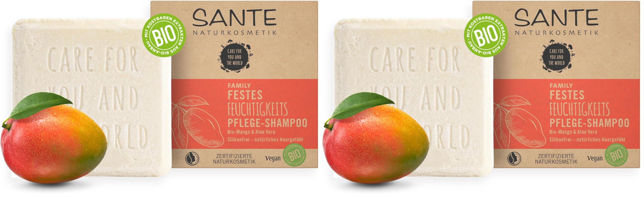 SANTE Naturkosmetik Festes Shampoo für trockenes Haar, Vegane Formel mit Bio-Aloe Vera und Mango, Festes Feuchtigkeits-Shampoo, 1 x 60 g (Packung mit 2)