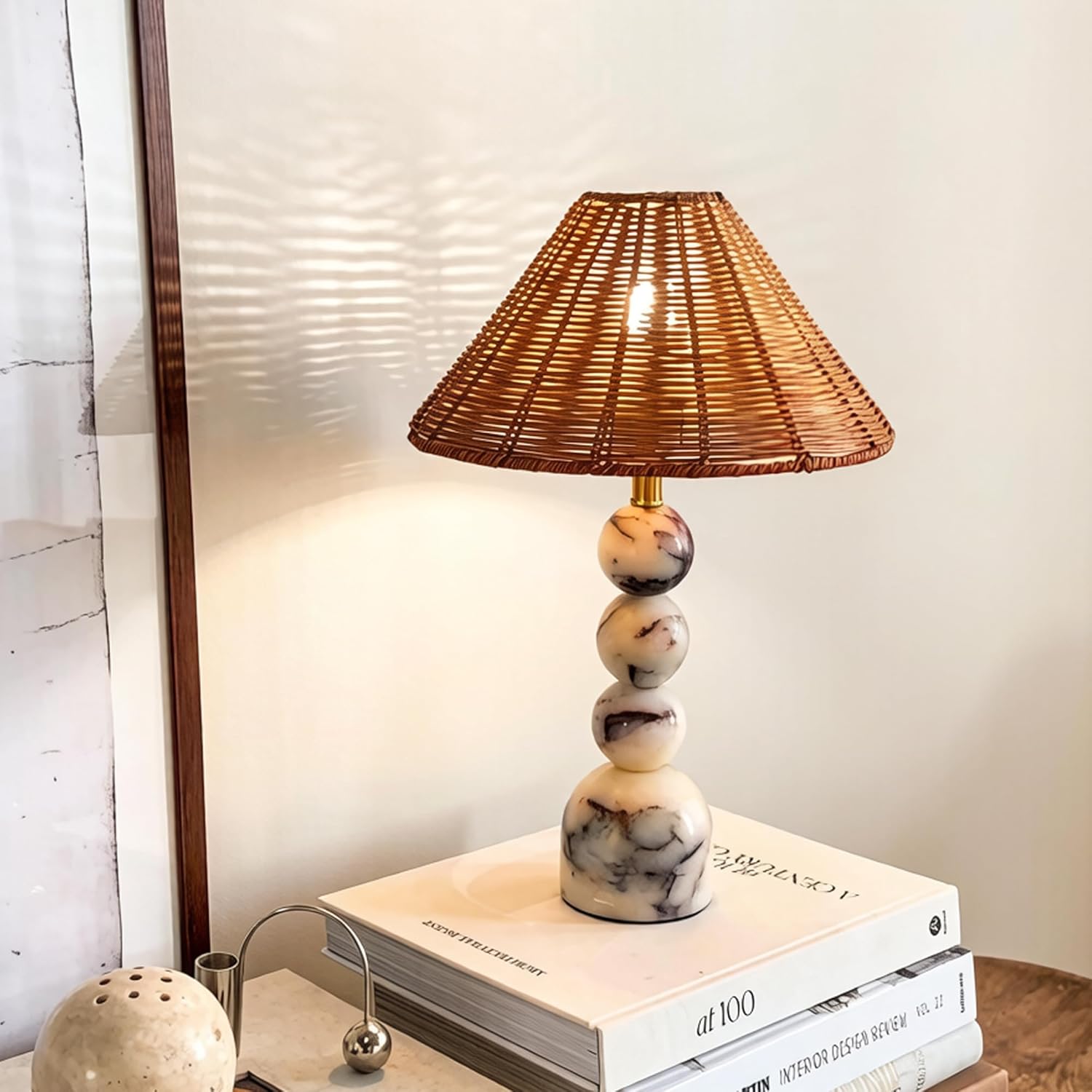 Calacatta Marble Stacked Ball Table Lamp - Hand-Woven Rattan Shade, 15" Stone Margot Artistic Vintage Lamp Luxury for Bedroom Living Room, Counter, Console, Entryway, Gift (Calacatta Viola Marble)