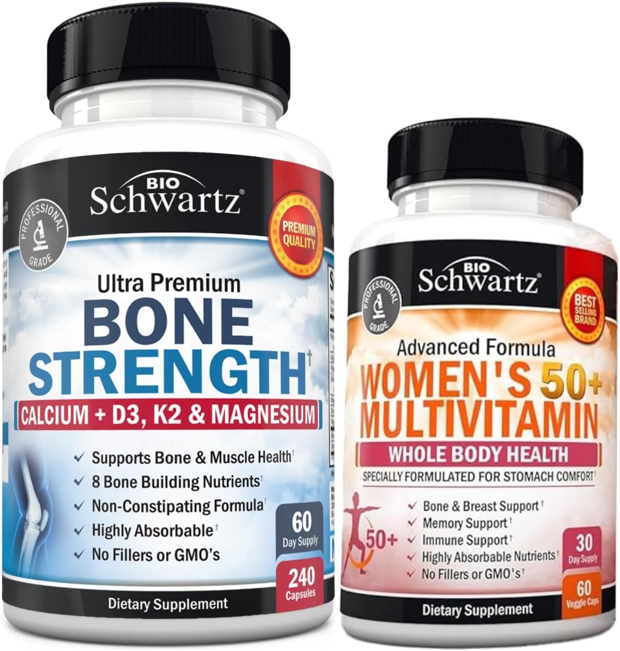 BioSchwartz Bone Strength Mineral Supplement with Calcium and Magnesium (2 Month Supply) Plus Daily Multivitamin for Women 50 & Over (1 Month Supply)