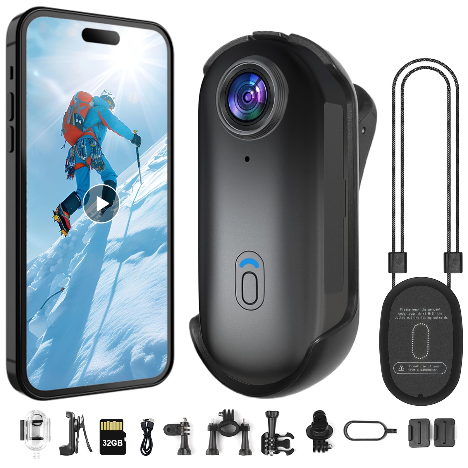 sakalaka HD 1080P Mini Körperkamera, POV-Kamera Tragbare Action Bodycam mit Halterung, Vlogging Mini Kamera, 32GB Karte enthalten, Freihandaufnahme für Sport, Radfahren, Reisen, Haustiere