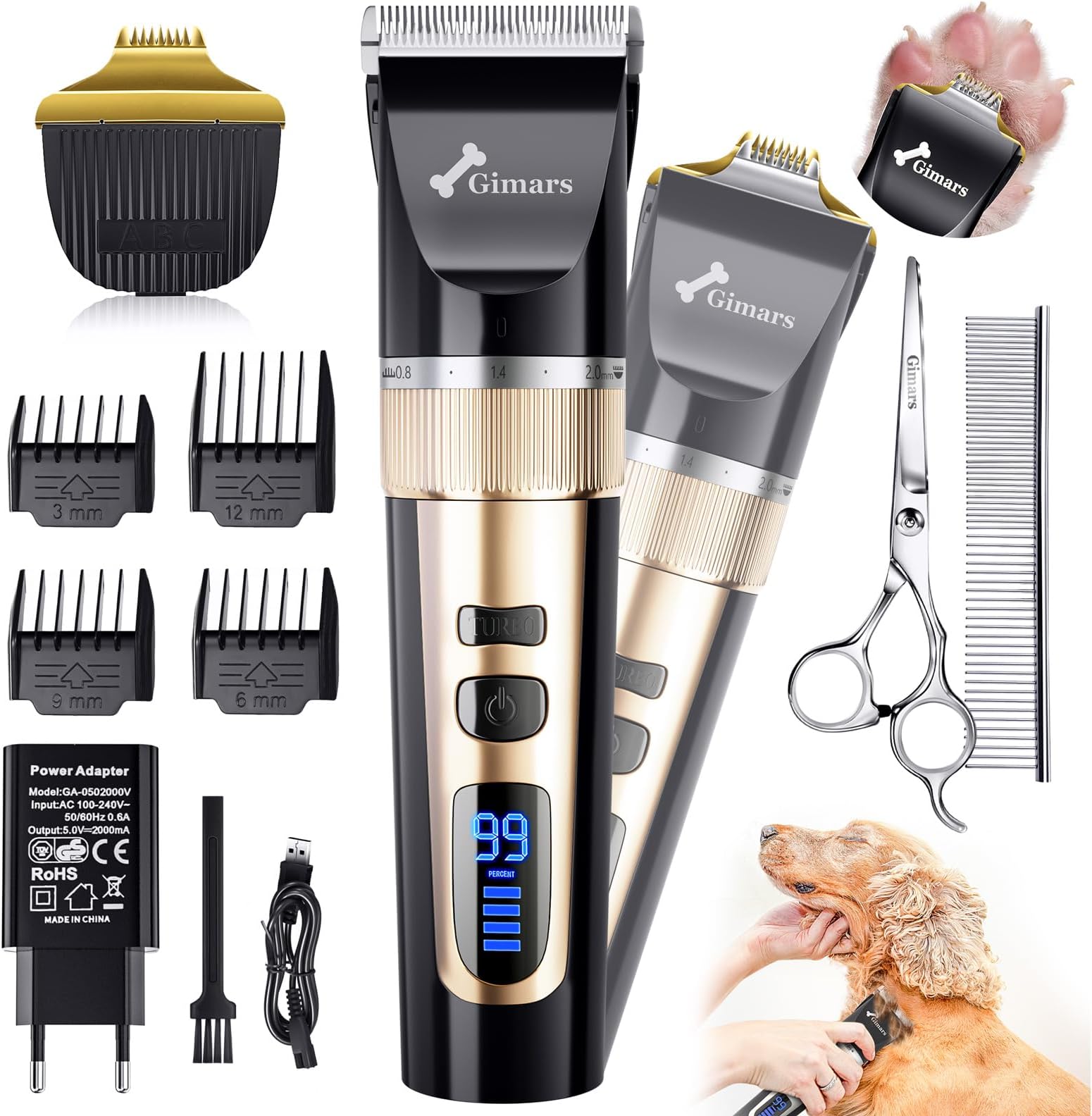 Gimars 2 in 1 Ceramic Blade Dog Grooming Clippers with Small Trimmer, Upgraded 7000 RPM Powerful Motor Quiet Rechargeable Dog Shaver Hair Clippers Kit with Comb, Scissors USB Cordless Electric Clipper